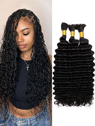 KISSHAIR - Cabello humano trenzado para trenzas bohemias, cabello humano ondulado profundo a granel para trenzar sin trama, cabello humano virgen