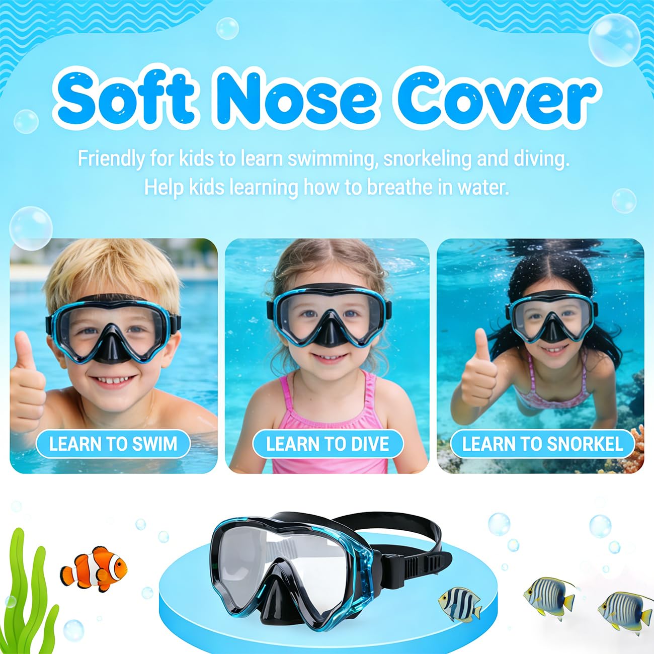 Maschera da snorkeling per bambini con attrezzatura da snorkeling anti-appannamento e anti-perdite Occhiali da nuoto impermeabili e resistenti in vetro temperato per bambini (blu)