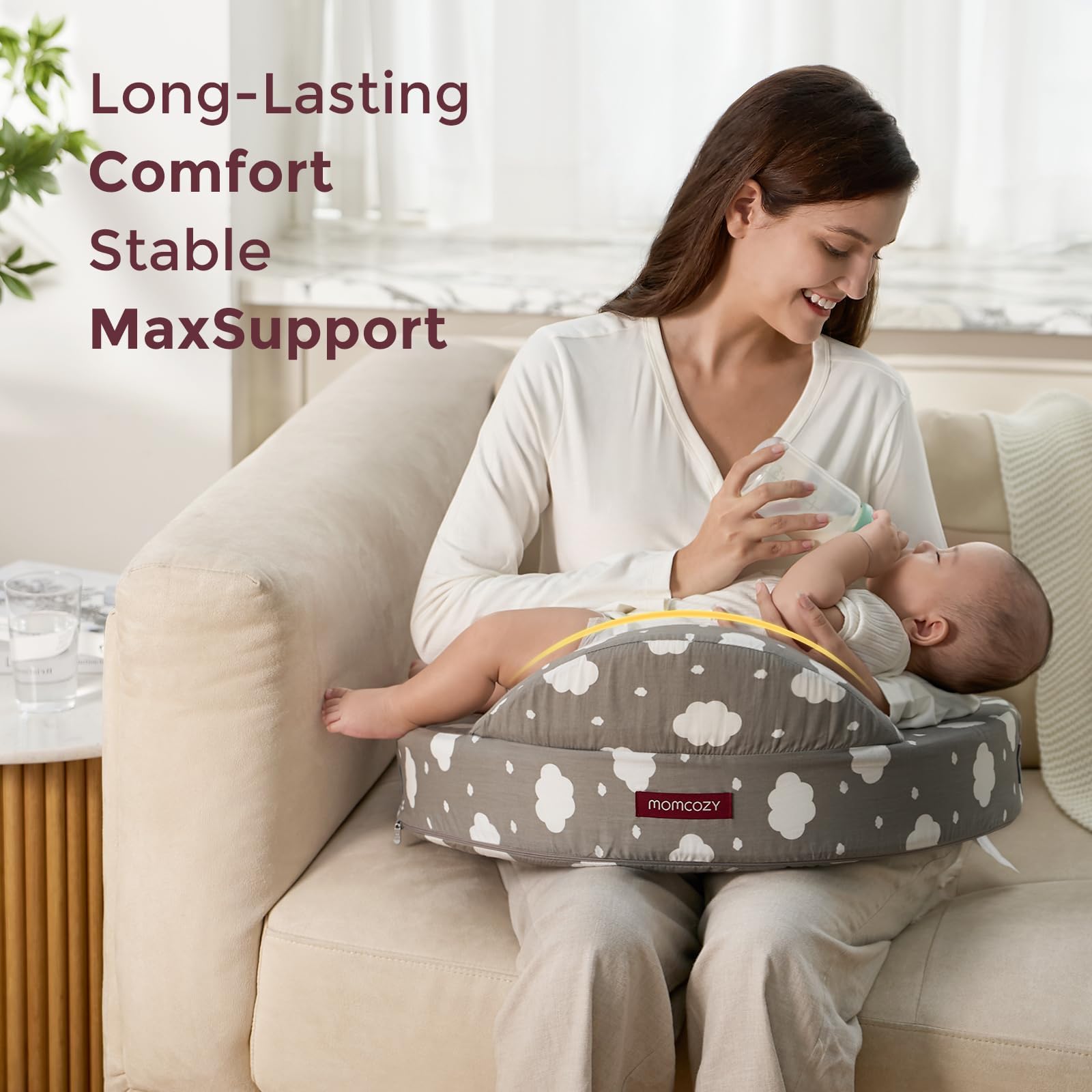 Momcozy Poduszka do karmienia z podparciem bezpieczeństwa – mocna i sprężysta pianka memory – stabilne, ergonomiczne podparcie i komfort – szersza poduszka do karmienia, regulowana, zdejmowana