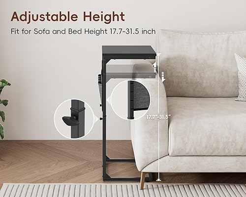 Miniatura 4 de Vagusicc Juego de 2 mesas auxiliares en forma de C con estación de carga, mesa auxiliar pequeña para sofá, mesa auxiliar de sofá de altura