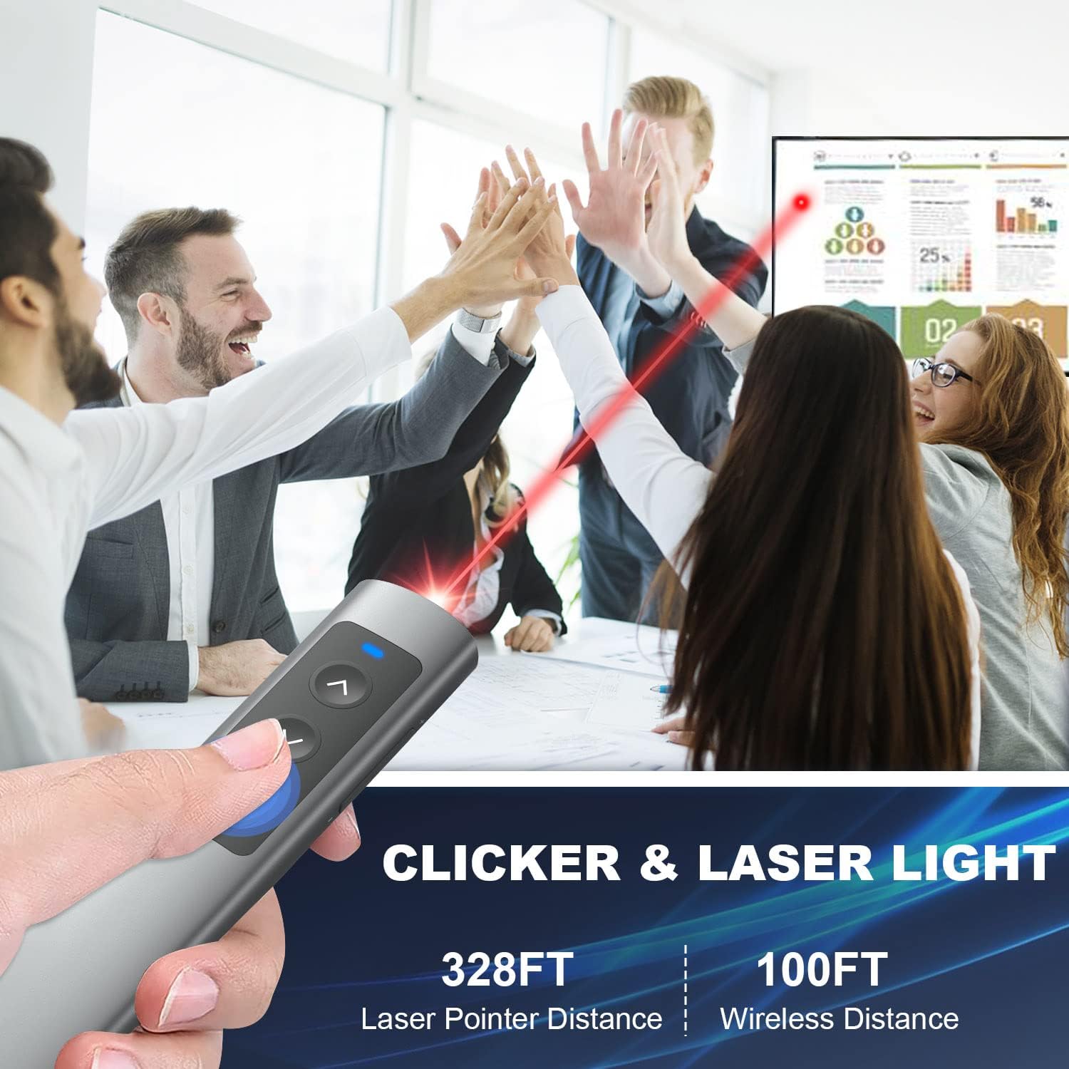 Person using the presentation clicker in a meeting, showing laser pointer and wireless range