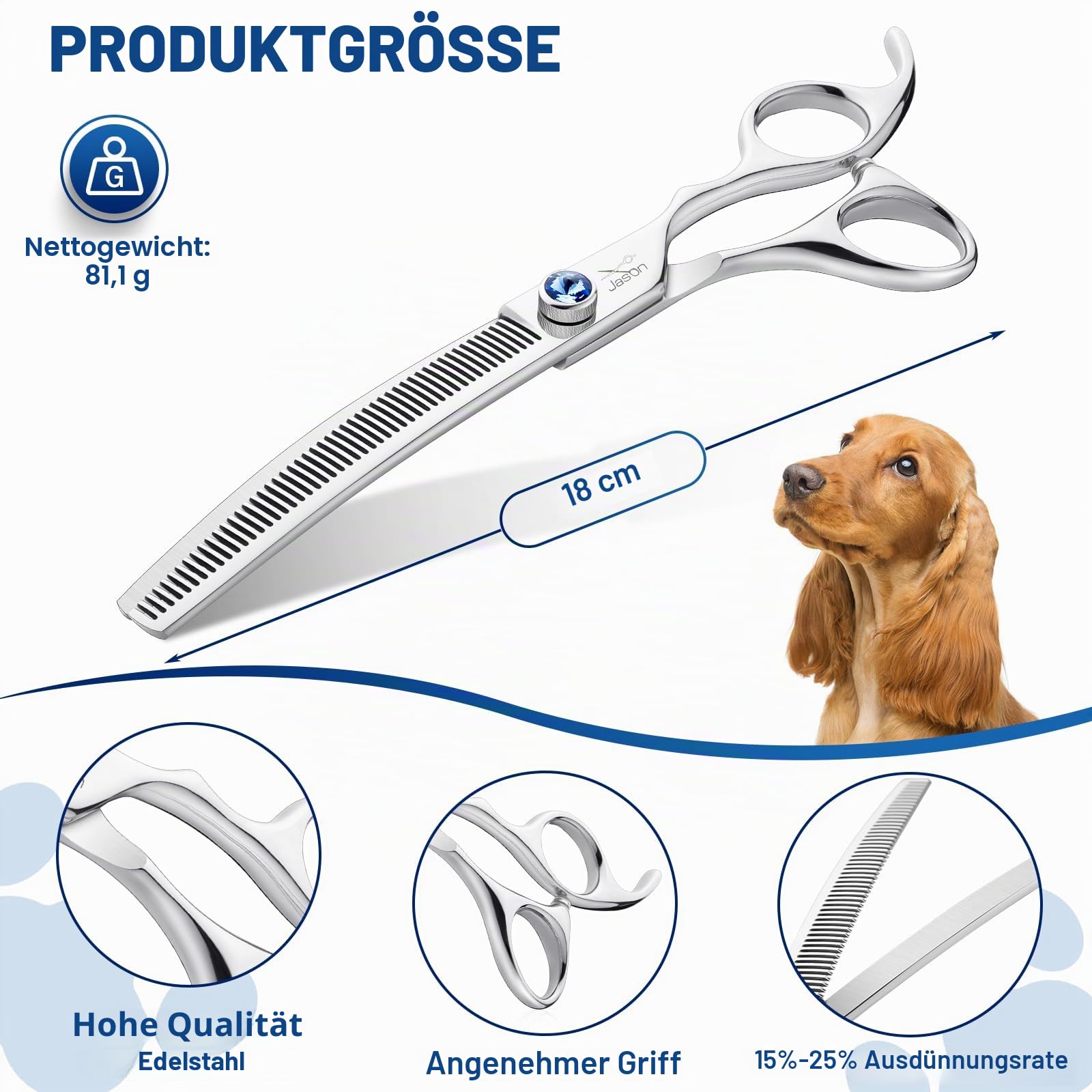 JASON Professionelle Effilierschere für Hunde - nach Unten Gebogene Ausdünnungsschere für Hunde, Professionelle Fellschere für Groomer 7 Zoll 50 Zähne aus japanischem 440C-Edelstahl