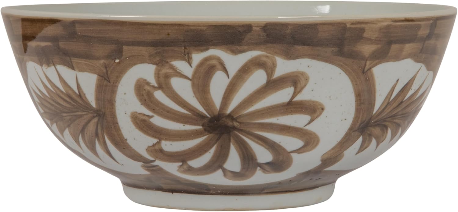 Creative Co-Op Hand-Painted Stoneware Bowl with Water Color Floral Design, Brown