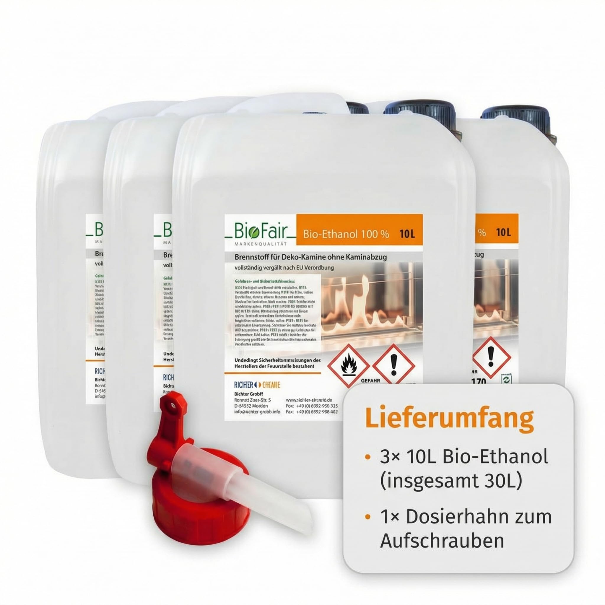 BioFair Bioethanol Kamin Brennstoff 30L (3×10L Kanister) E100 100 Prozent, mit Dosierhahn, Made in Germany, für Tischkamin, Wandkamin & Kamin flüssig