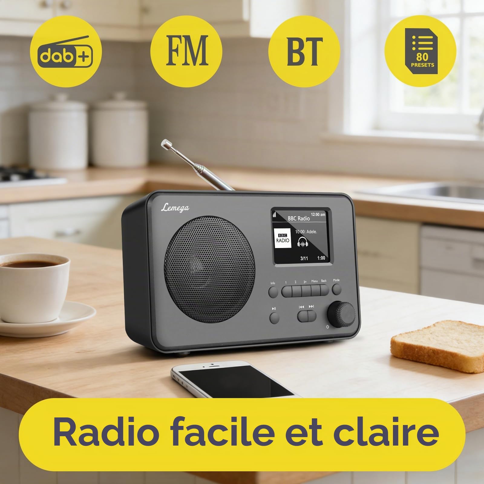 LEMEGA DR3-Max Radio Dab+/Dab/FM, Bluetooth, Écran Couleur 2.4po, Noir | 80 présélections, modes EQ, prise casque, batterie ou secteur, portable jusqu'à 10h, design moderne et compact