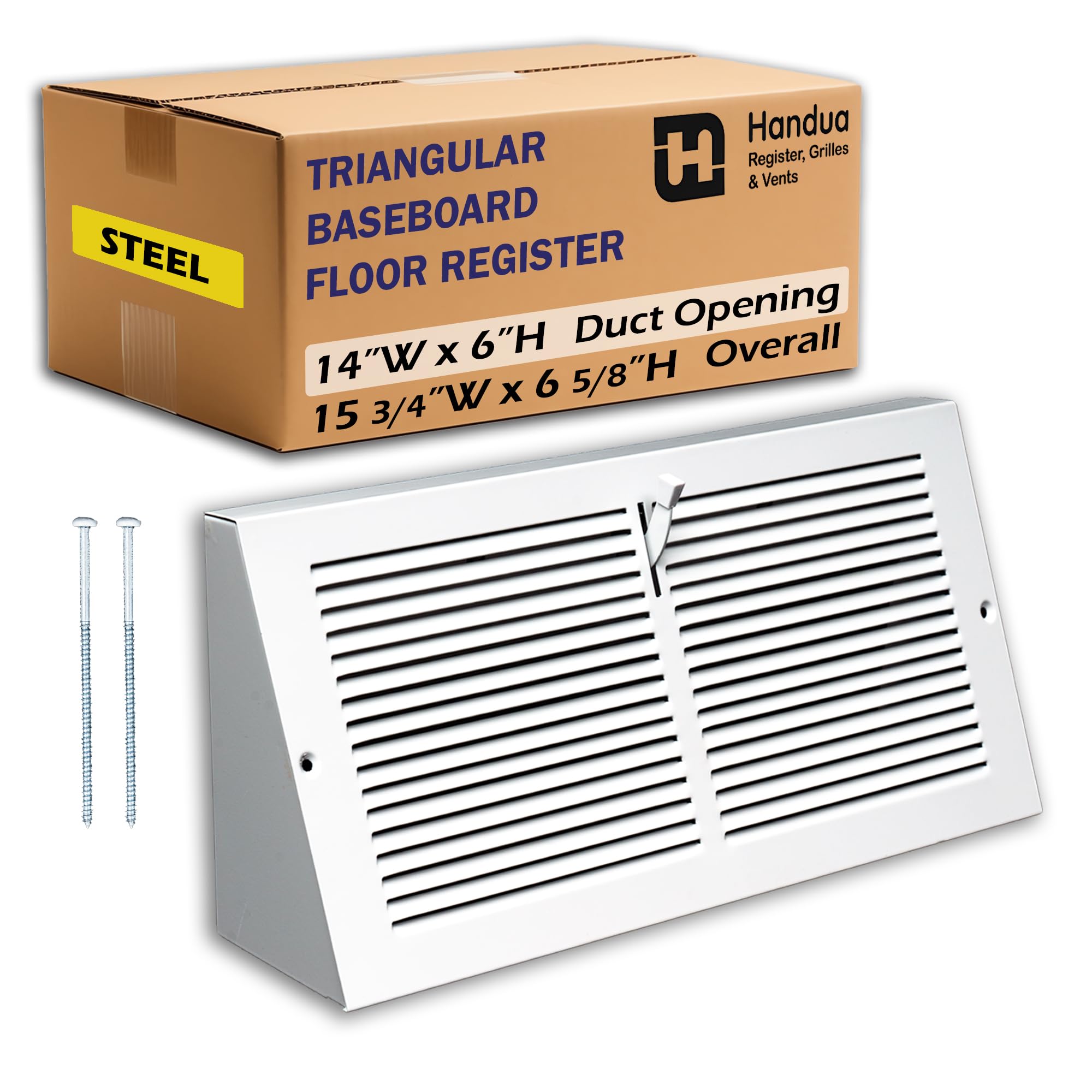 Handua 35,6 cm (l) x 15,2 cm (H) [Taille de l'ouverture du conduit] Grille d'alimentation en air triangulaire en acier avec amortisseur | Grille d'aération | Profondeur de 9,5 cm | Blanc | Dimensions