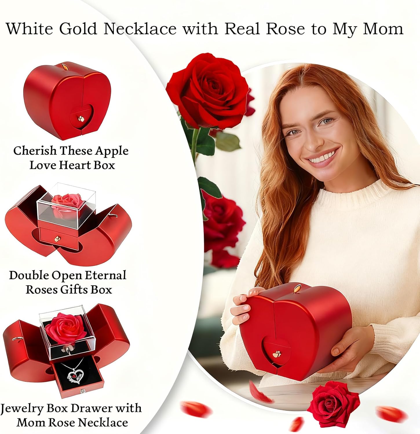 Preserved Rose Mother Gifts for Mom from Daughter Birthday Gift for Mum from Son Forever Red Roses with Mom Rose Heart Necklace for Grandma Mama Nana I Love You - Image 2