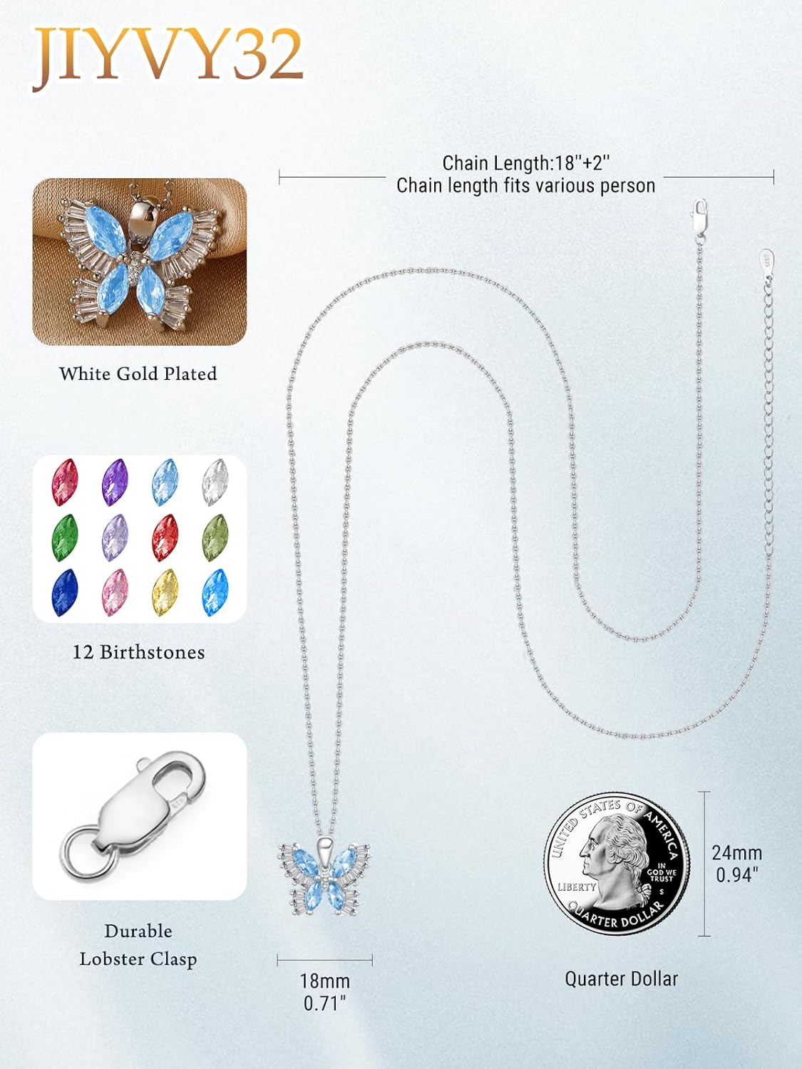 Colorful Necklace for Women White Gold Butterfly/Dragonfly Animal Pendant Necklaces With 12 Months Birthstone Anniversary Christmas Birthday Gifts for Grandkids Her Wife - Image 5