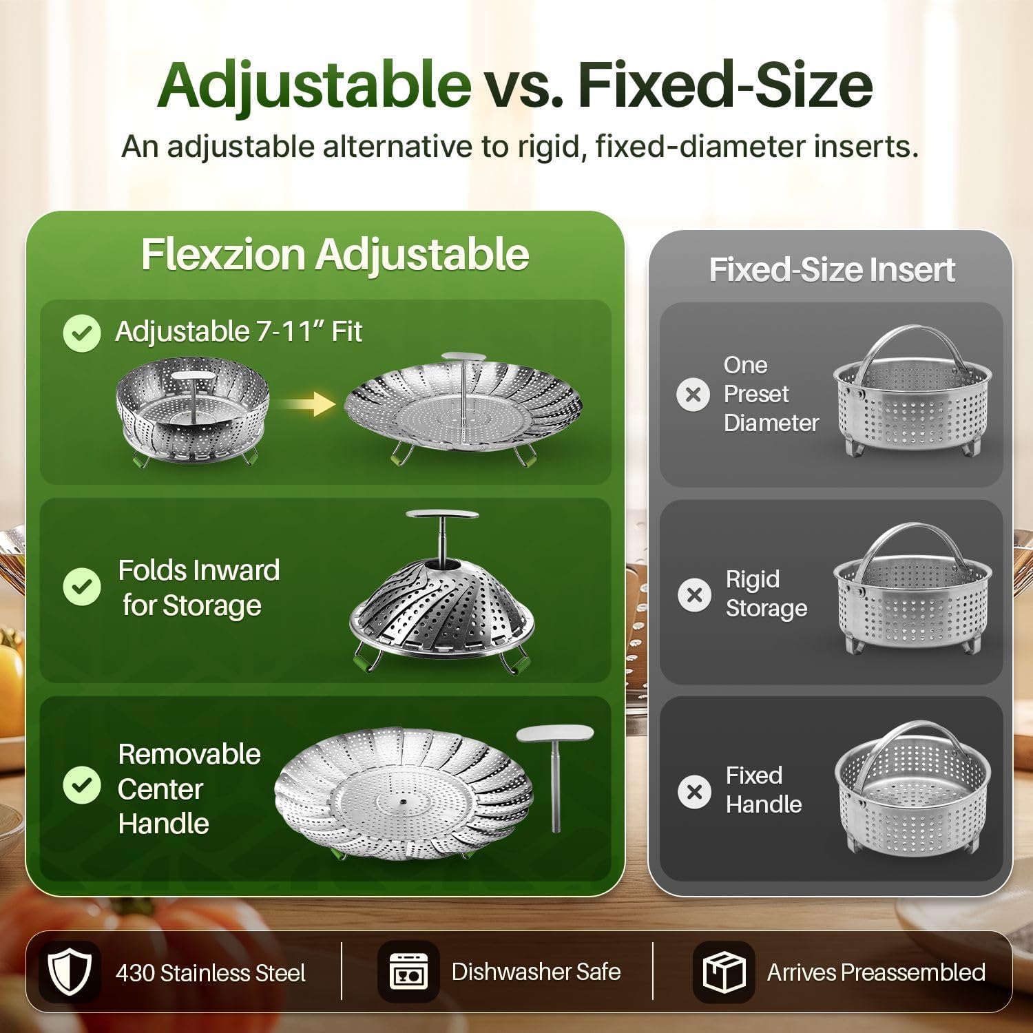 Flexzion Vegetable Steamer Basket for Pot, Stainless Steel, 7-11 Inch