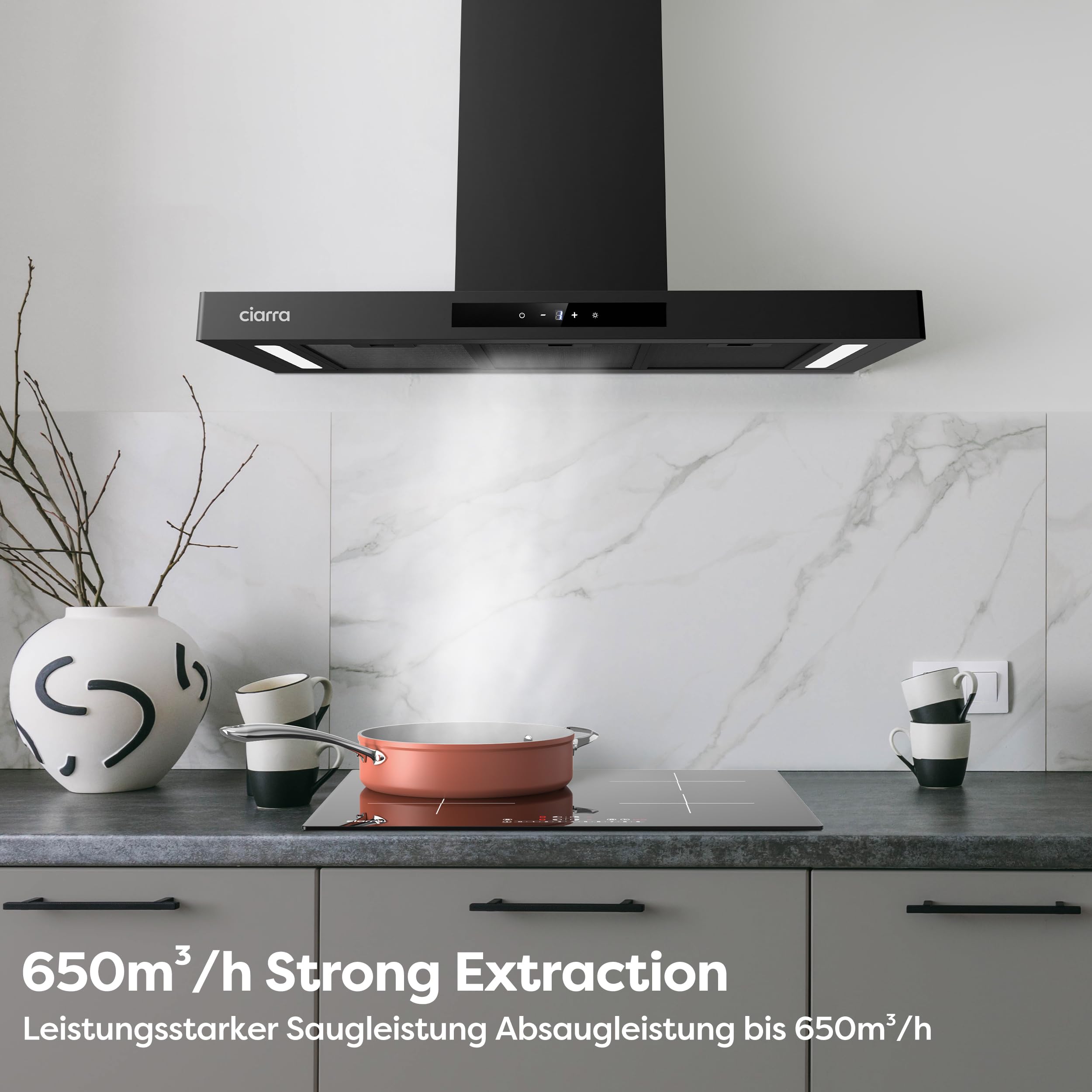 CIARRA CBCB9102-P A+++ Dunstabzugshaube 90 cm 650 cbm/h leise ab 44 bis 59 dB Umluft Abluft Wandhaube Wi-Fi App Touch-Bedienung 4 Stufen Booster schwarzes Glas für stilvolle Küchen CBCF004 Kohlefilter