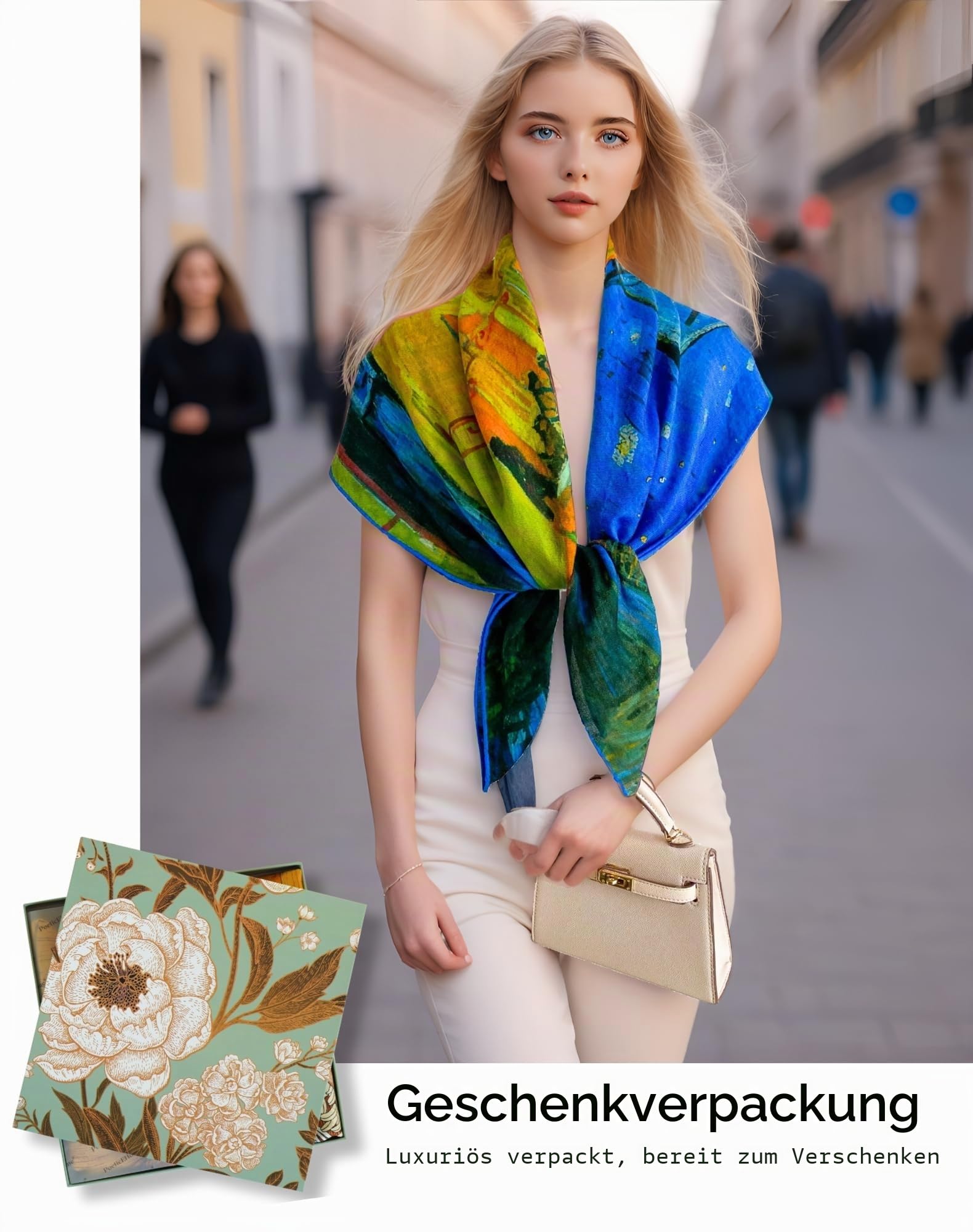 PoeticEHome Kaschmir Tuch für Damen 90x90 cm - Leichter Großer Quadratischer Schal mit Künstlerischem Design, Geschenkverpackung