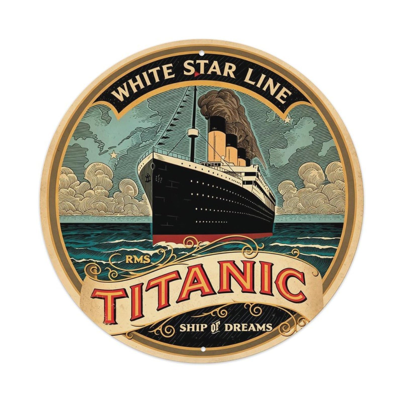 Titanic Vintage Metal Tin Sign Plaque Wall Decor for Cafe, Club Bar, Office, Home Garden Round Metal Poster 8x8Inch