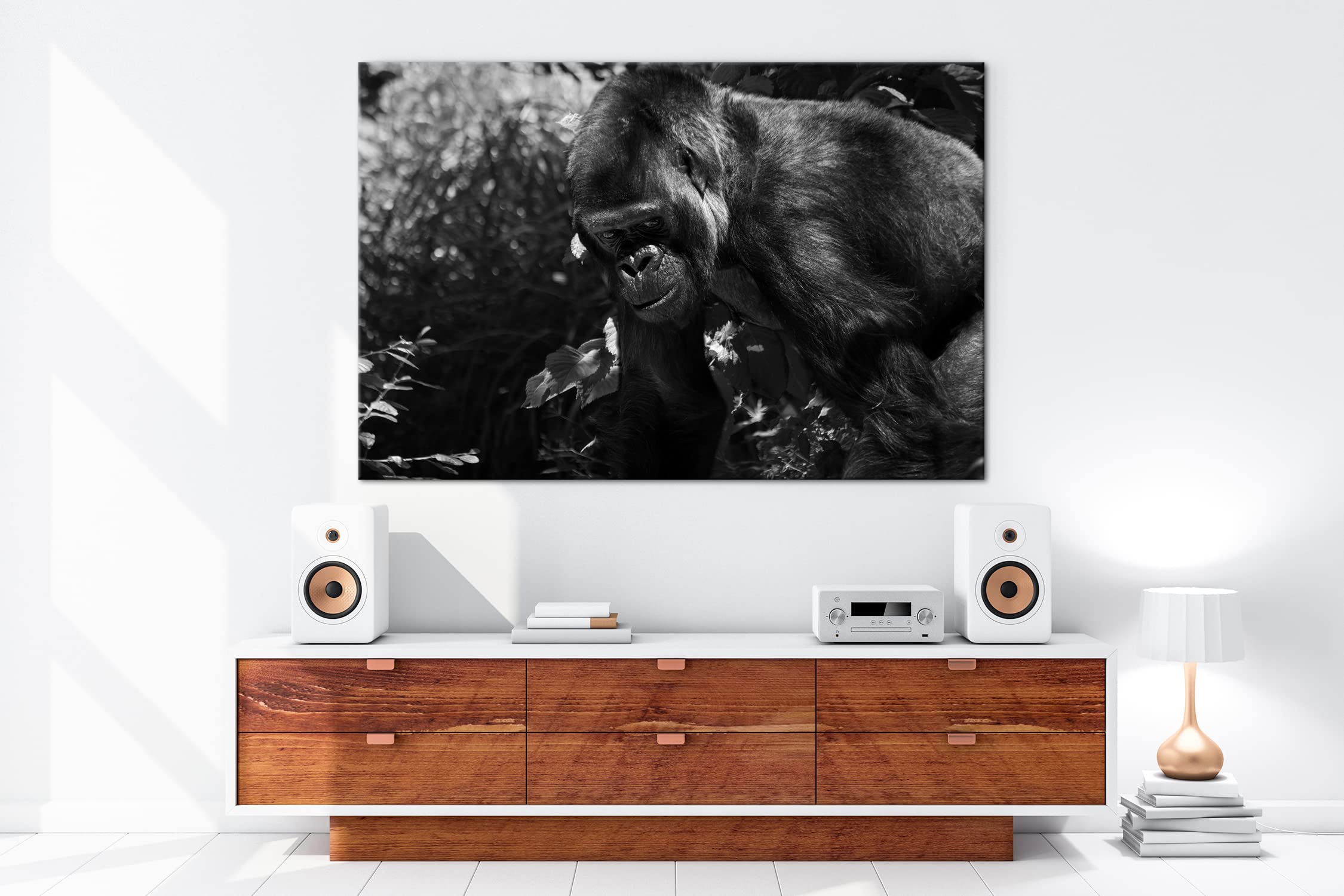 Grande formato Gorilla Formato: 120 x 80 Effetto: bianco e nero come tela su tela, motivo già incorniciato su cornice in vero legno, stampa digitale di alta qualità, senza poster o manifesto
