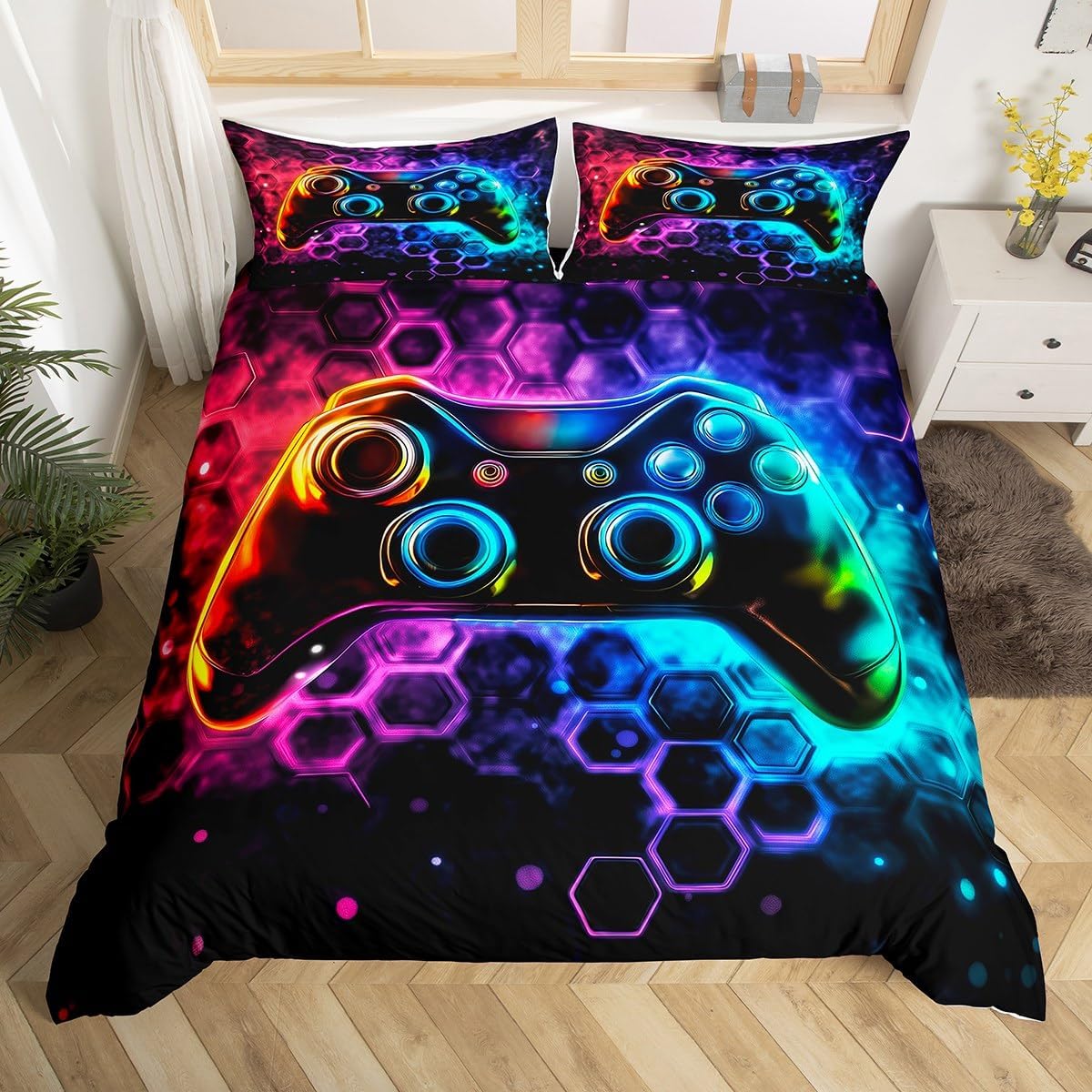Castle Fairy Modern Gamer Bedding Set,Geometric Abstract Gaming Comforter Cover Set for Teens Women Room Decor,Colorful Neon Duvet Cover Breathable Galaxy Bedding Full Size(No Comforter)