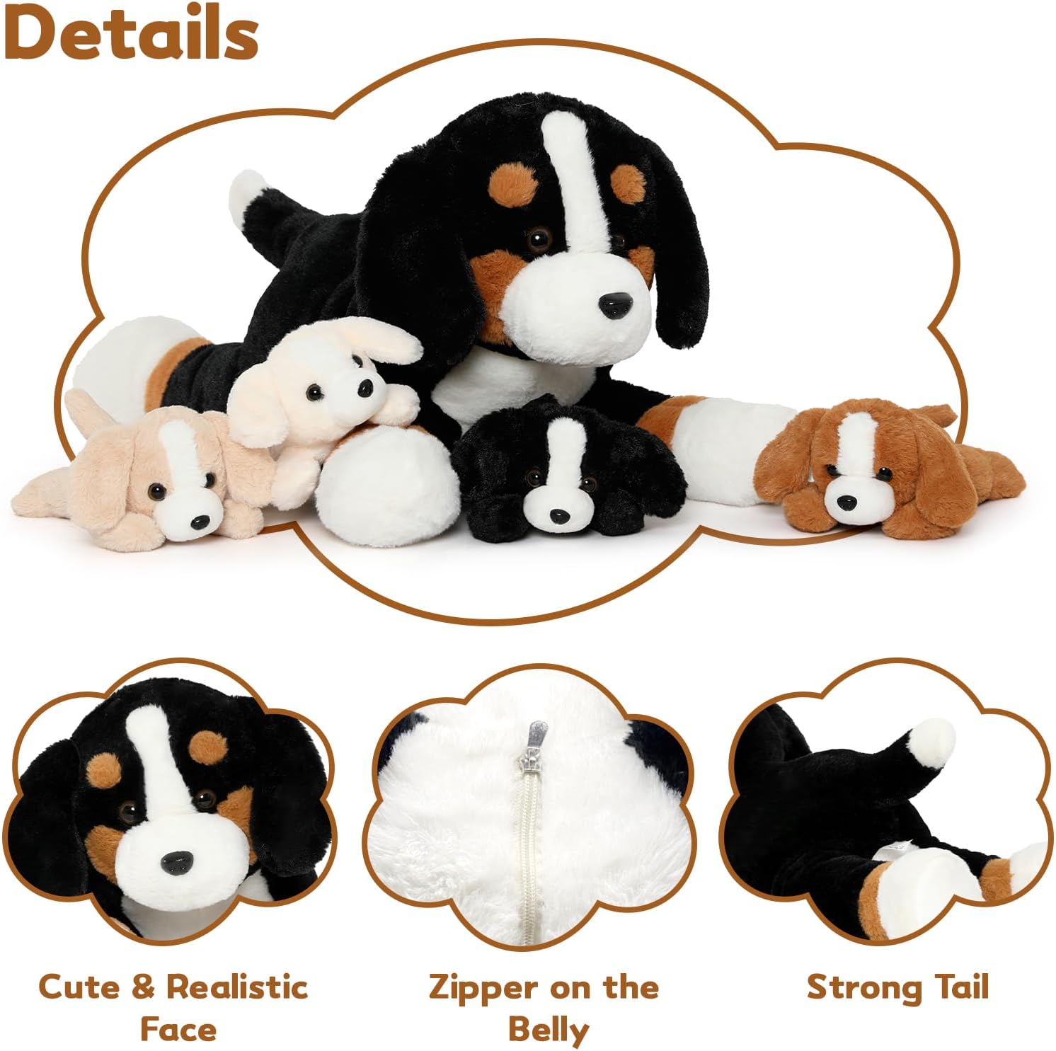 MorisMos Bernese Mountain Dog Stuffed Animal with Baby Inside 24 Inch, 5Pcs Soft Stuffed Mommy Bernese Mountain Dog Plush Toys Set, Cute Puppy Stuffed Animal Gift for Kids Boys Girls Birthday