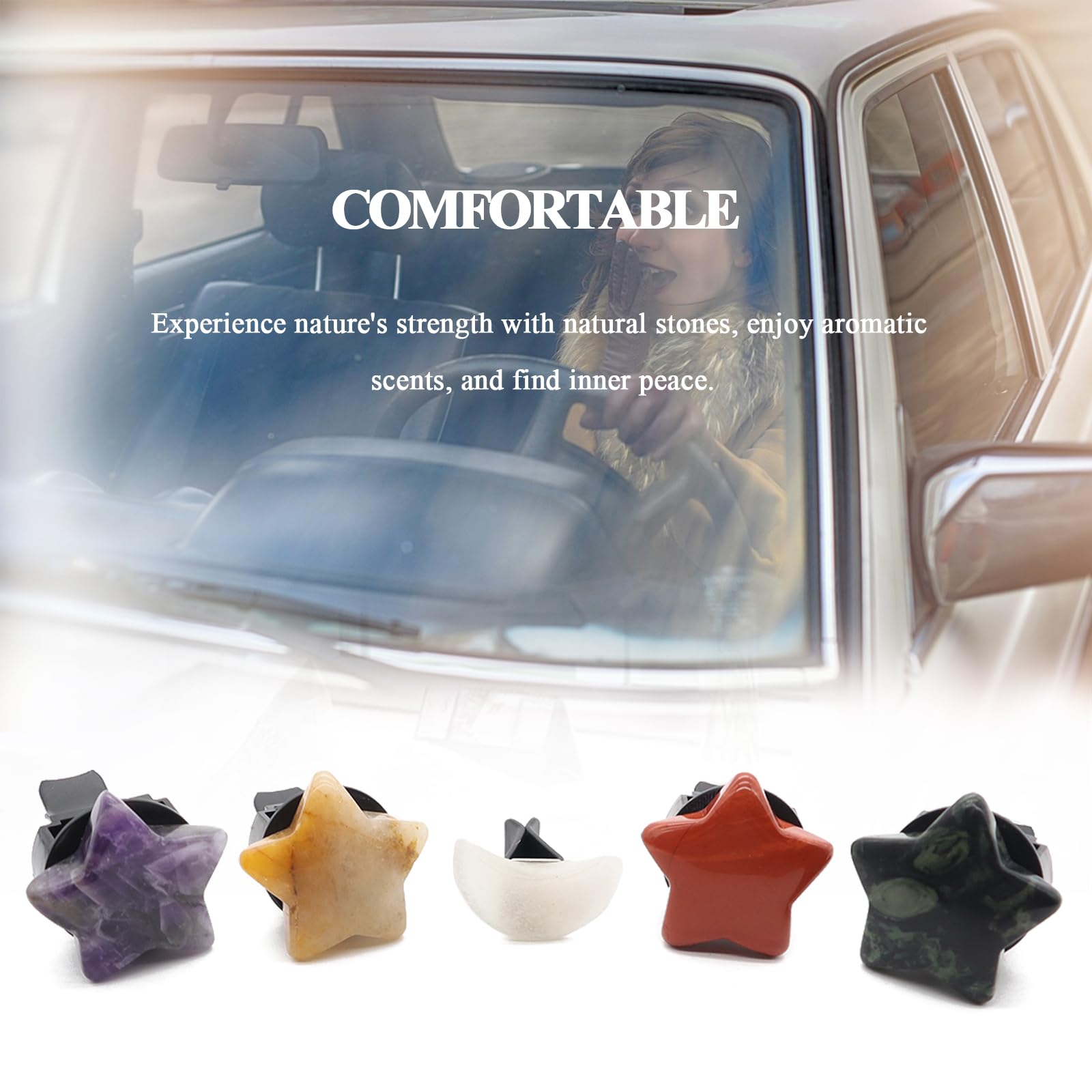 Boho Car Decor Stars Moon Air Vent Clips Refillable Car Fresheners 5pcs Natural Crystal Stone Hippie Dashboard Decorations — view 3
