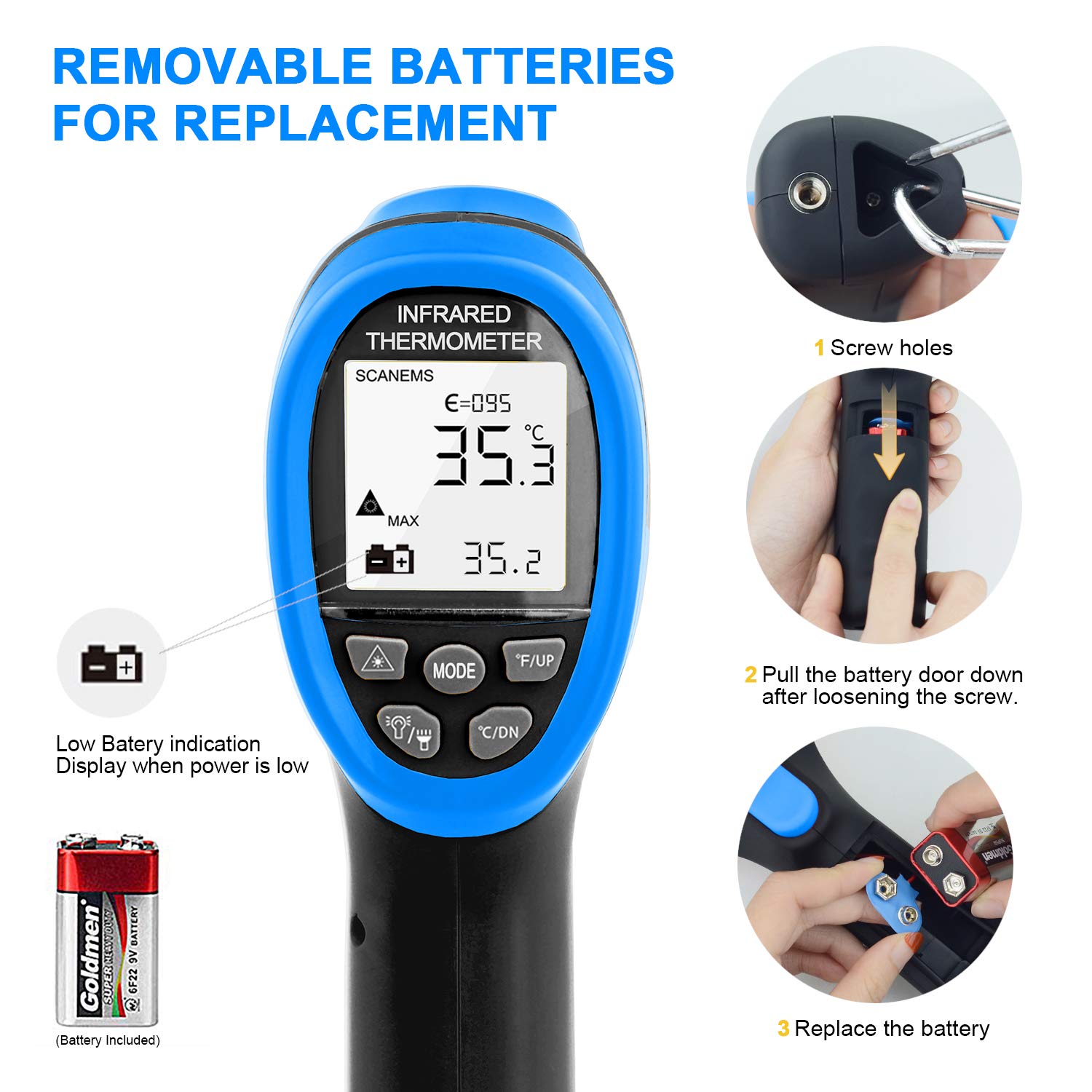 Diagram illustrating the steps for battery replacement: 1. Screw holes, 2. Pull battery door down after loosening screw, 3. Replace the battery.