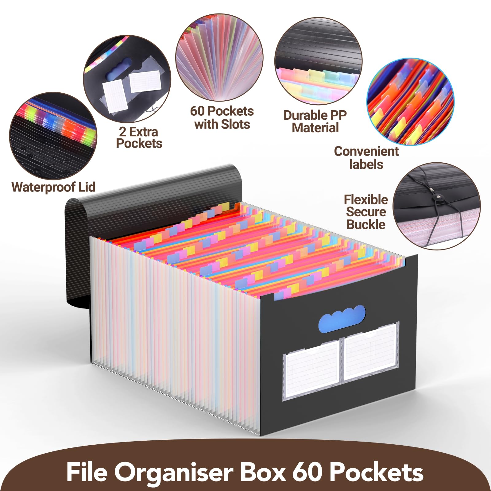 AFMAT Porte-documents A4 60 Compartiments - Trieur Accordéon Coloré Avec Étiquettes, Grande Capacité Étanchéité