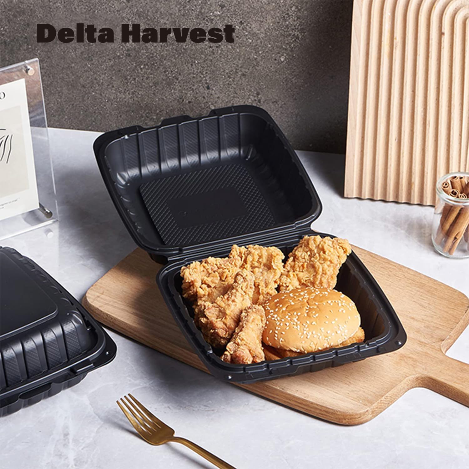 8"x8"X3" MFPP Black Hinged Disposable Food Container with Lid, Hinged Clamshell Design, Takeout Box (200)