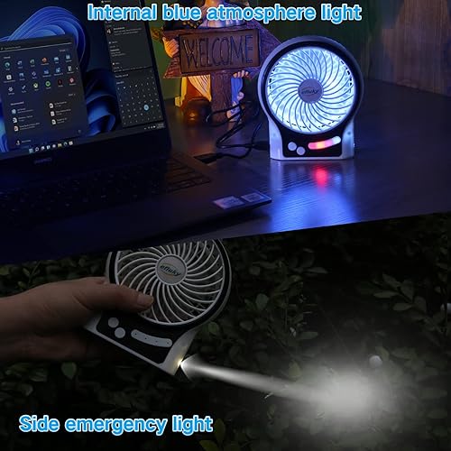 Miniatura 5 de efluky Mini ventilador de escritorio de 3 velocidades con luz LED, ventilador USB portátil silencioso para el hogar, oficina, viajes, campamento, al