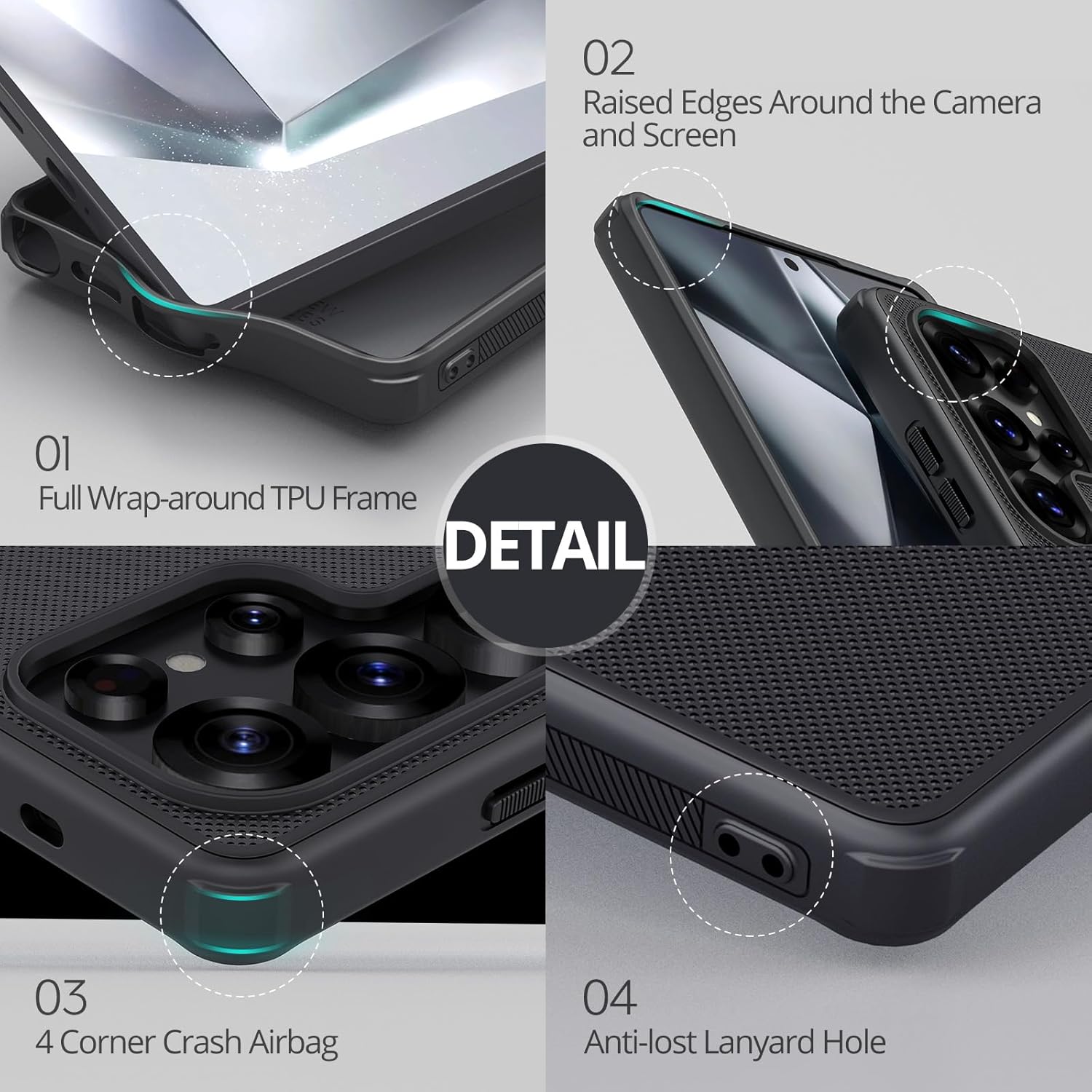 Detailed view of Nillkin case features: full wrap-around TPU frame, raised edges around camera and screen, 4-corner crash airbag, and anti-lost lanyard hole.
