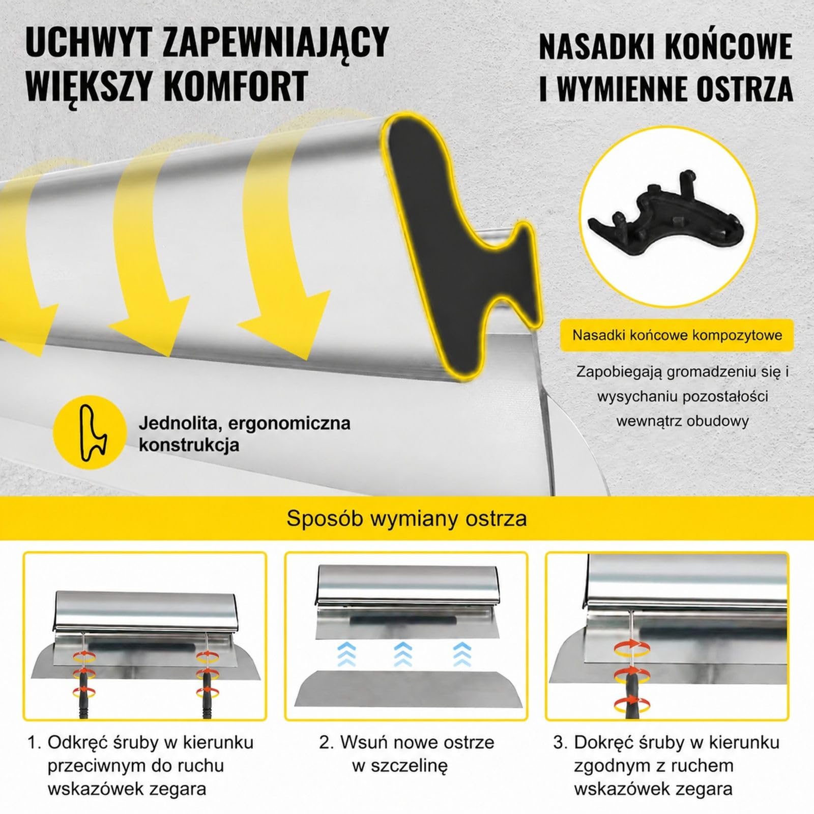 Szpachla do gładzi z ostrzem ze stali nierdzewnej, aluminiowym uchwytem i zaślepkami do ścian