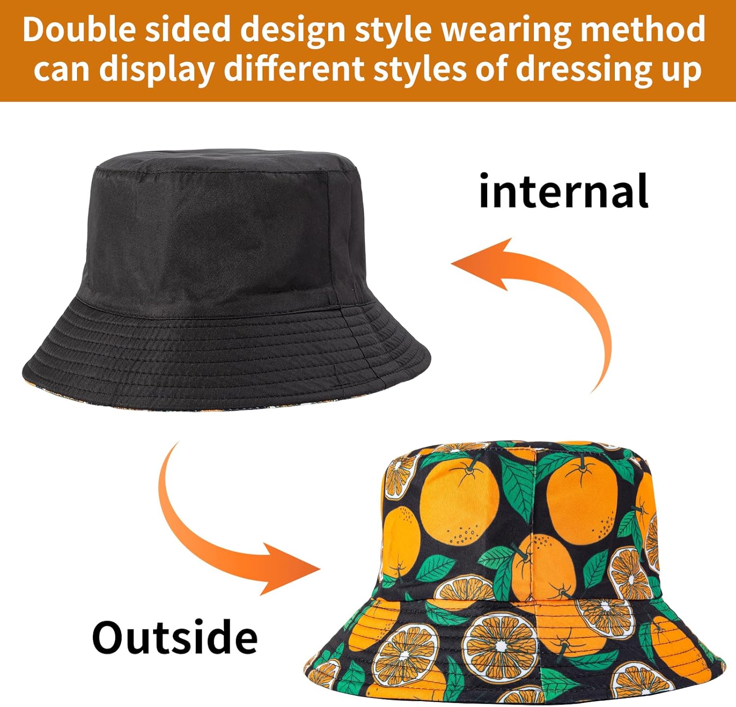 Orange Fruit Bucket Hats for Men and Women Foldable Double-Side Reversible Road Beach Trip Fishing Hat - Image 3