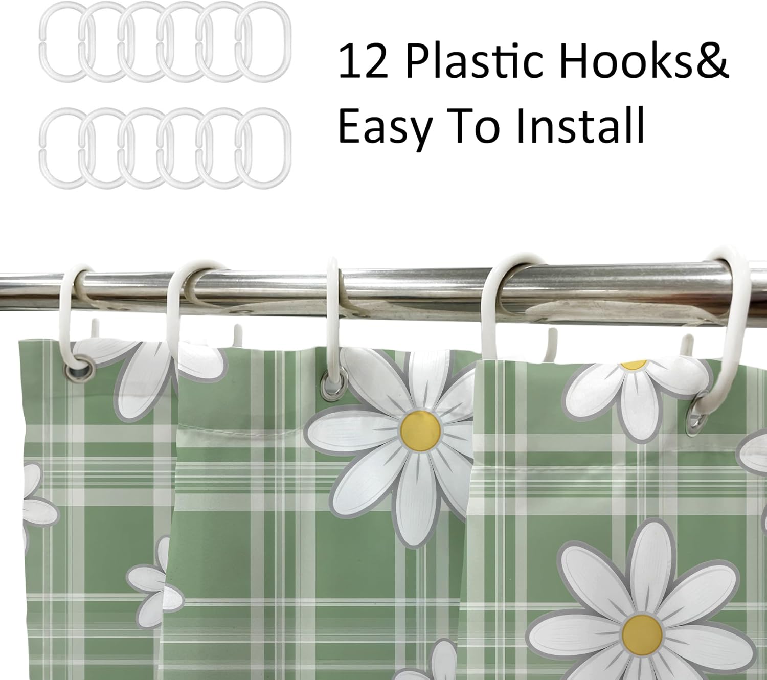 Newsely Long Green Daisy Floral Shower Curtain 72Wx78L Inch Retro Cute Flower Grovvy Plaid Spring Kids Girly Women Bathroom Set Aesthetic Pretty Waterproof Bath Decoration Accessories Home Decor