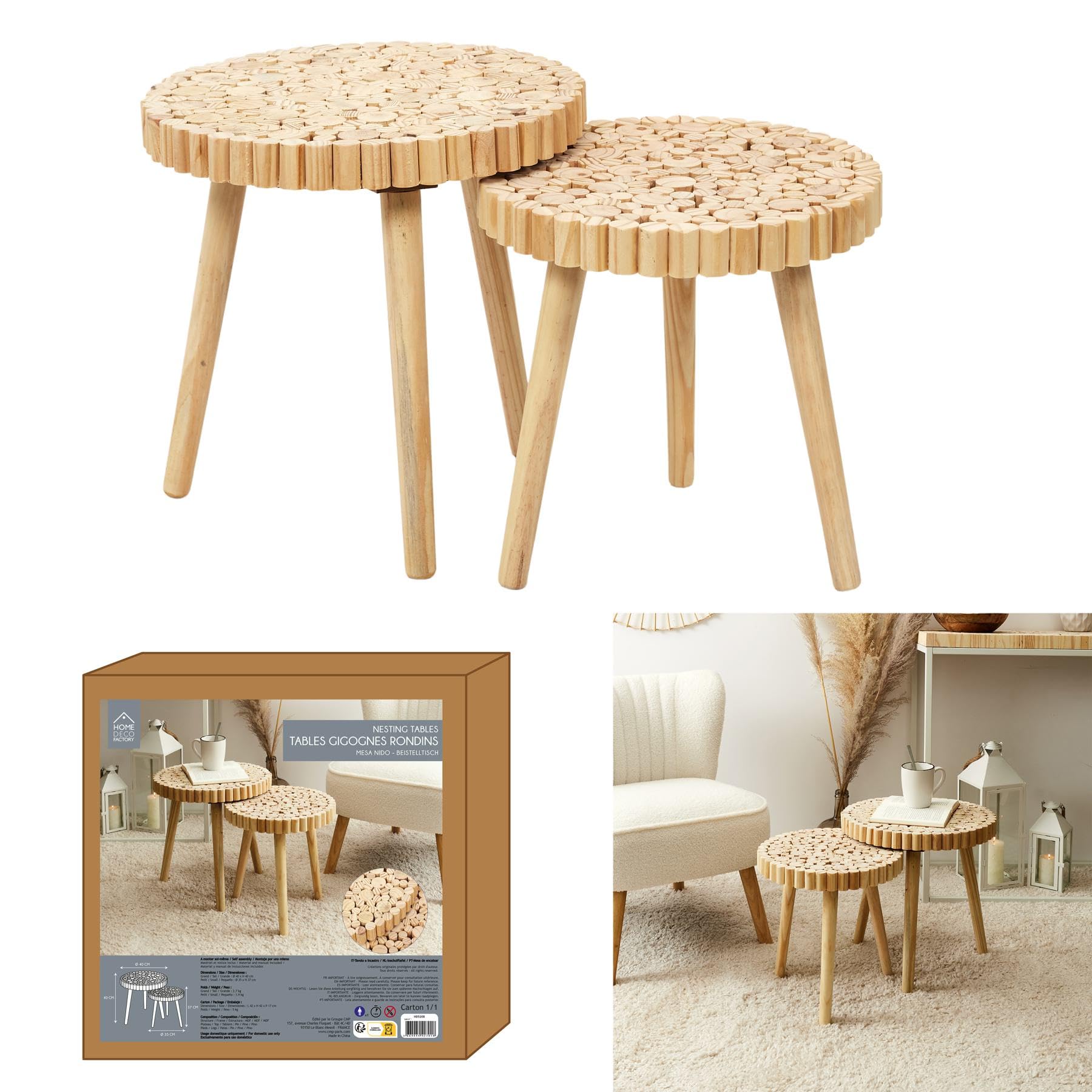 HOME DECO FACTORY Lot de 2 Tables Gigognes Rondin en Bois Design Marron | Bois, lot de 2 tables gigognes rondin, design original, salon ou salle à manger, gain de place, 40x40x40 cm, marron