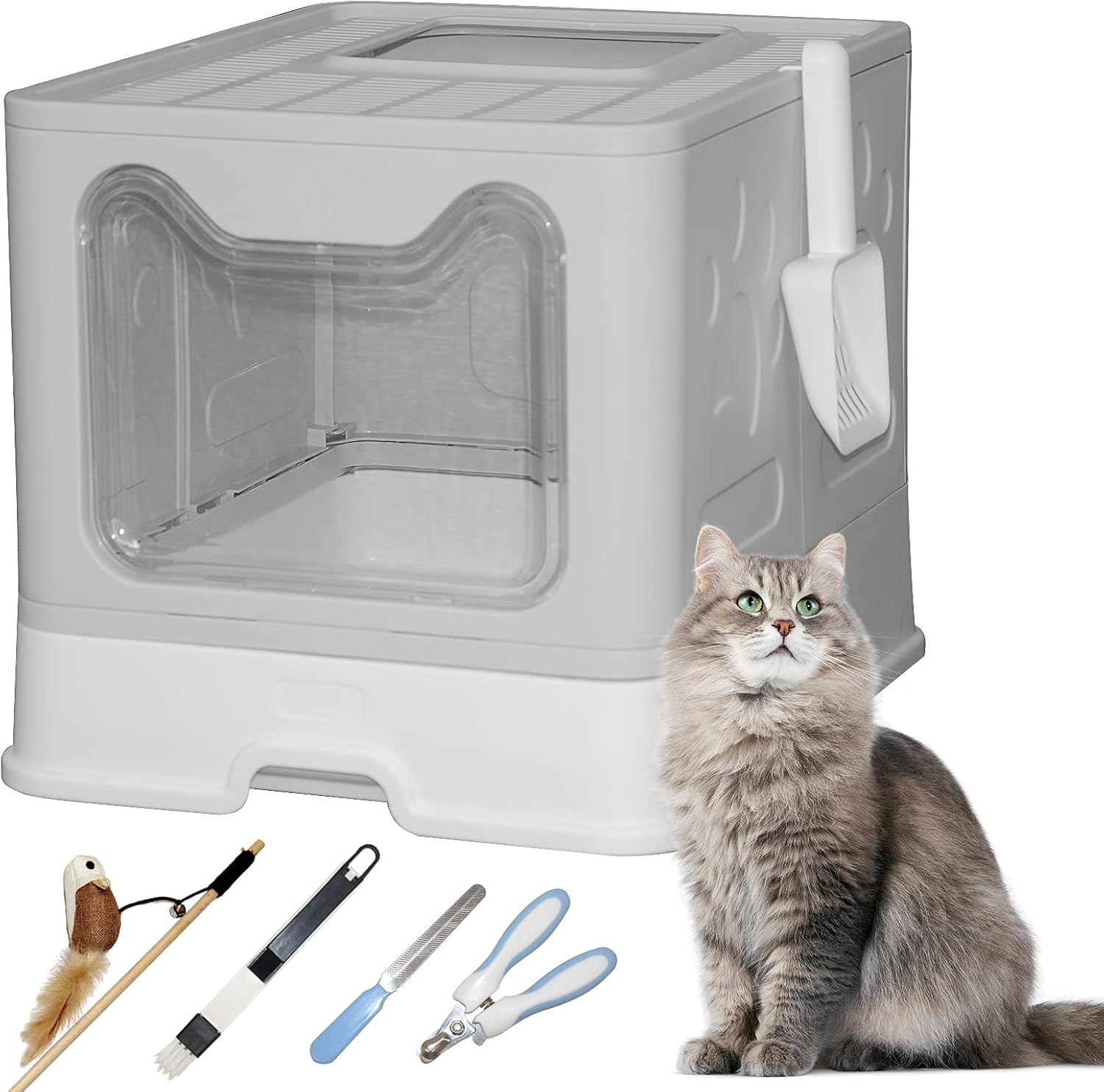 BotaBay Foldable Cat Litter Box with Lid, Extra Large Top Entry Cat Litter Box with Kitty Litter Scoop, Cat Toy, 2-1 Cleaning Brush, Pet…