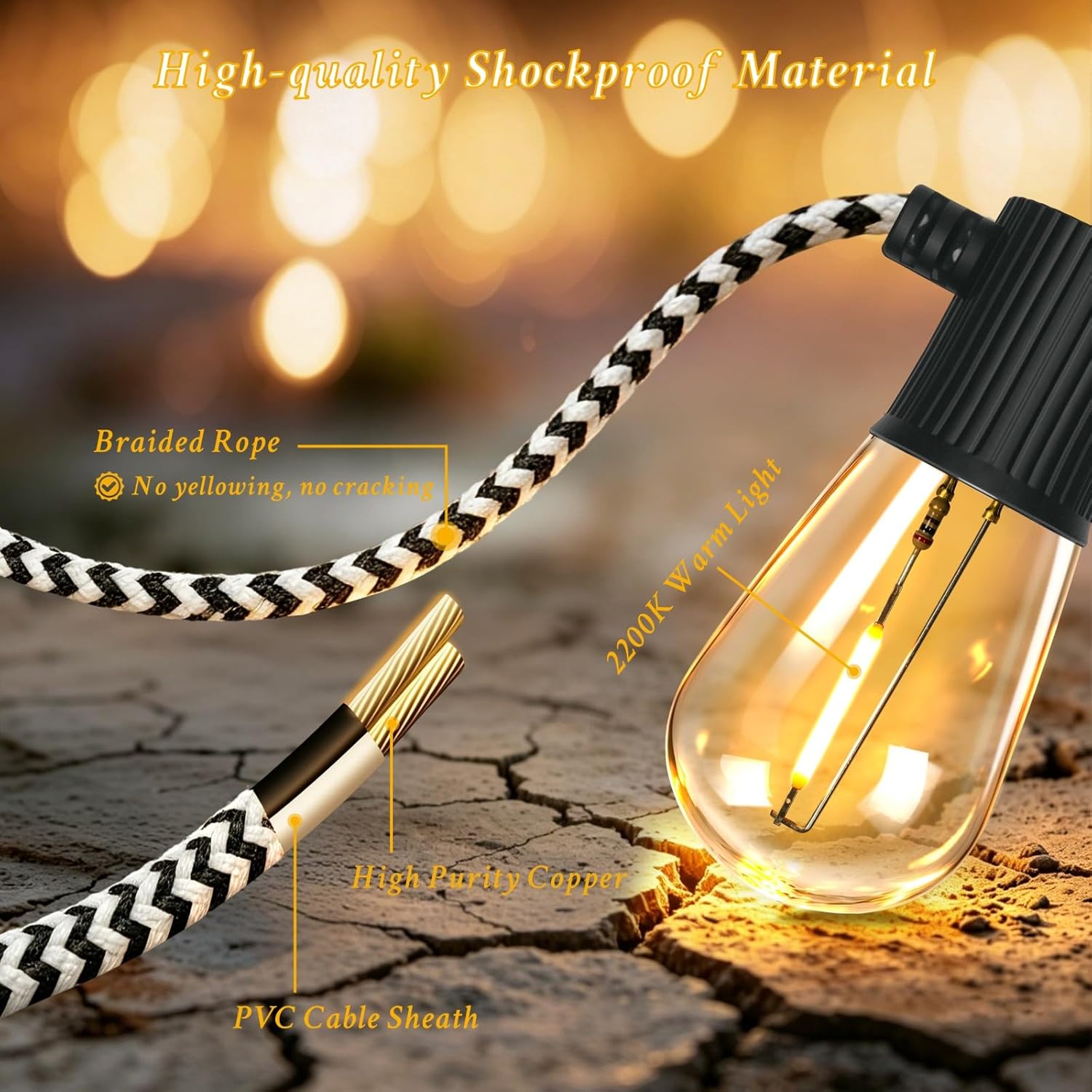 Solar String Lights — String Lights with 20 Edison Bulbs and 33 FT Braided Cable, Bistro Lights with a Remote Control and IP44 Outdoor Waterproof, Patio Lights for Backyard, Balconies, Cafes, Camping.