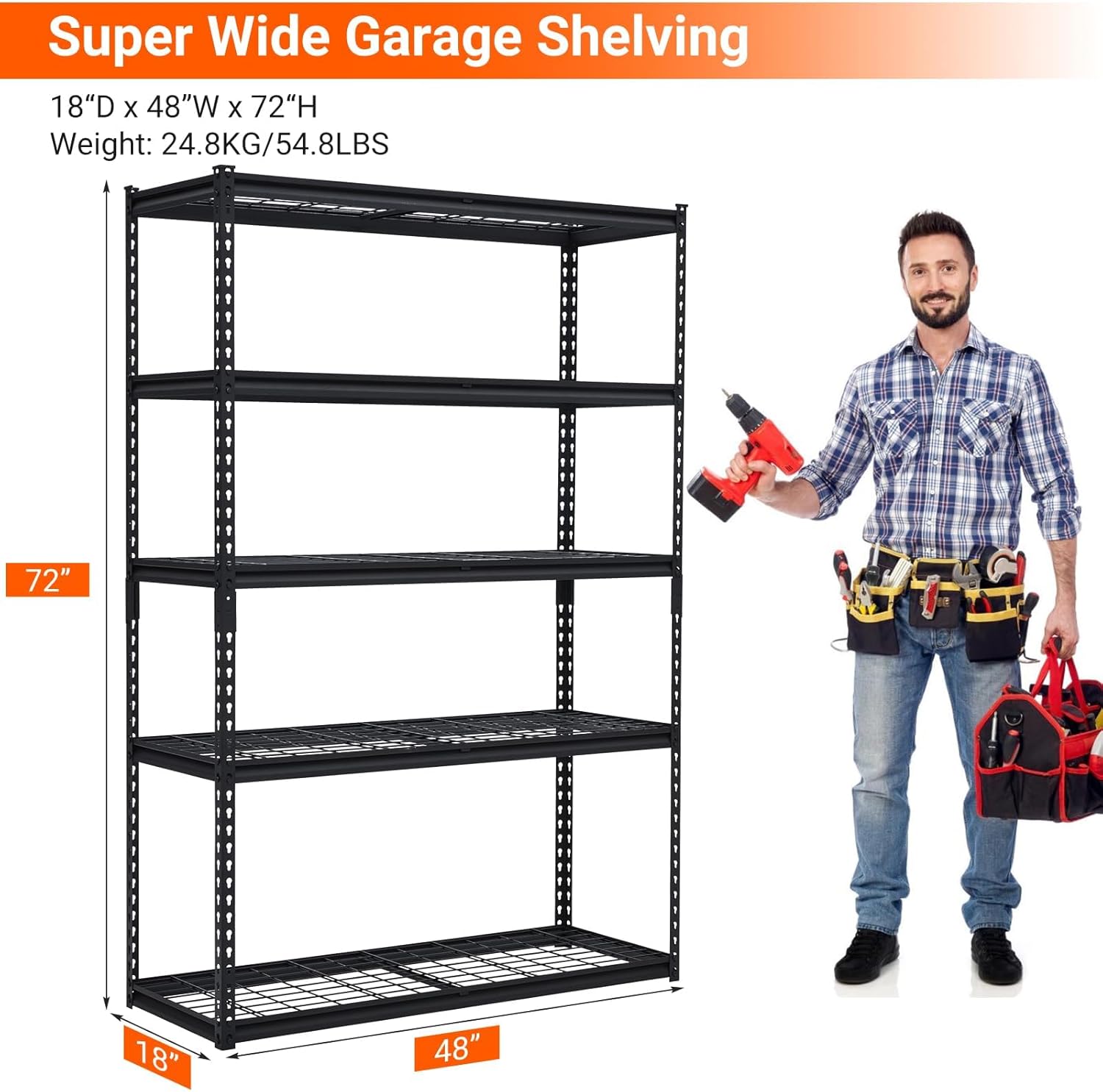 Garage Storage Shelves 5 Tiers, Heavy Duty Storage Shelving Racks with 2500 LBS Capacity, 48 in L x 18 in W x 72 in H Metal Adjustable Utility Shelving Unit for Garage Organization, Basement, Workshop