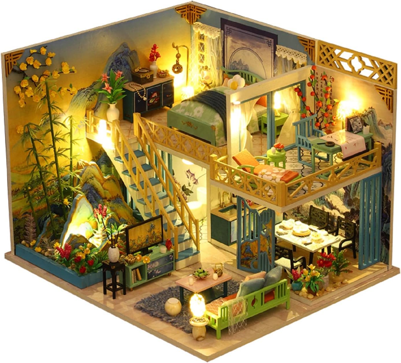 Kisoy Dollhouse Miniature with Furniture Kit, Handmade DIY House Model for Teens Adult Gift (Blue& Green Landscape)