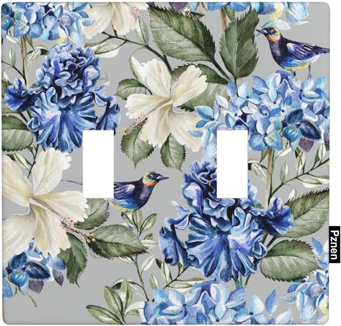 Blue Floral Double Toggle Light Switch Cover Spring Summer Hydrangea Hibiscus Flowers Green Leaf 2 Gang Wall Plate Decorative Faceplate Electrical Switchplate Bathroom Bedroom