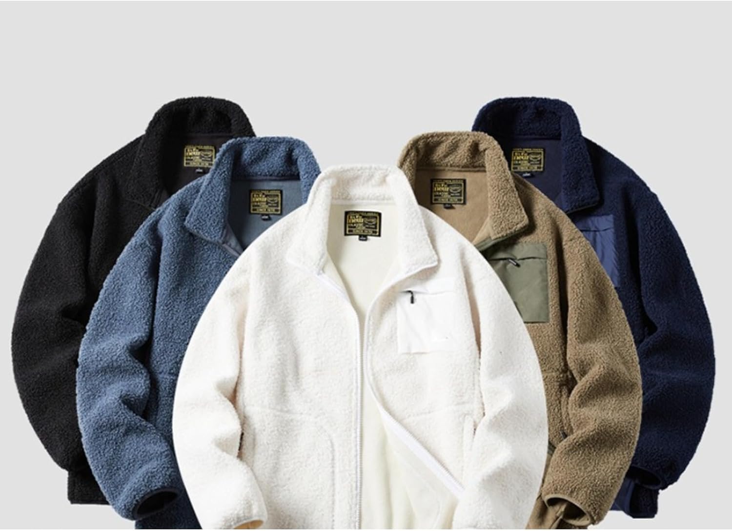 Men's Oversized Fuzzy Cargo Jacket Warm Fleece Full Zip Jacket Slouchly Stand Collar Sports Jacket with Pockets