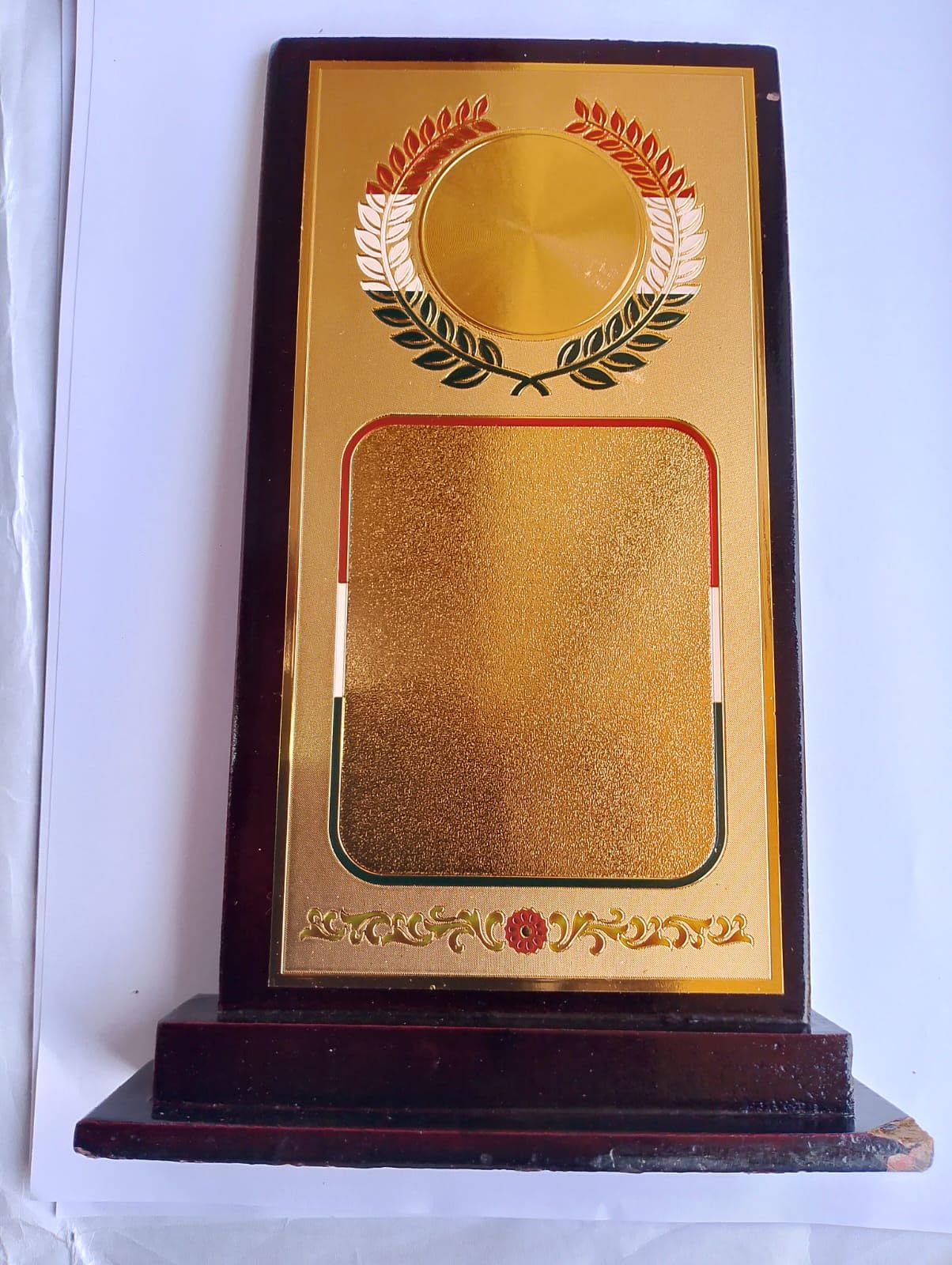 Wooden Gold Foil Memento Award Trophy | 6 x 9.25 Inch Recognition Plaque with Indian Flag Design | Customizable Engraving Plate for Awards, Achievements, Corporate Events & Felicitation Ceremonies-image-35