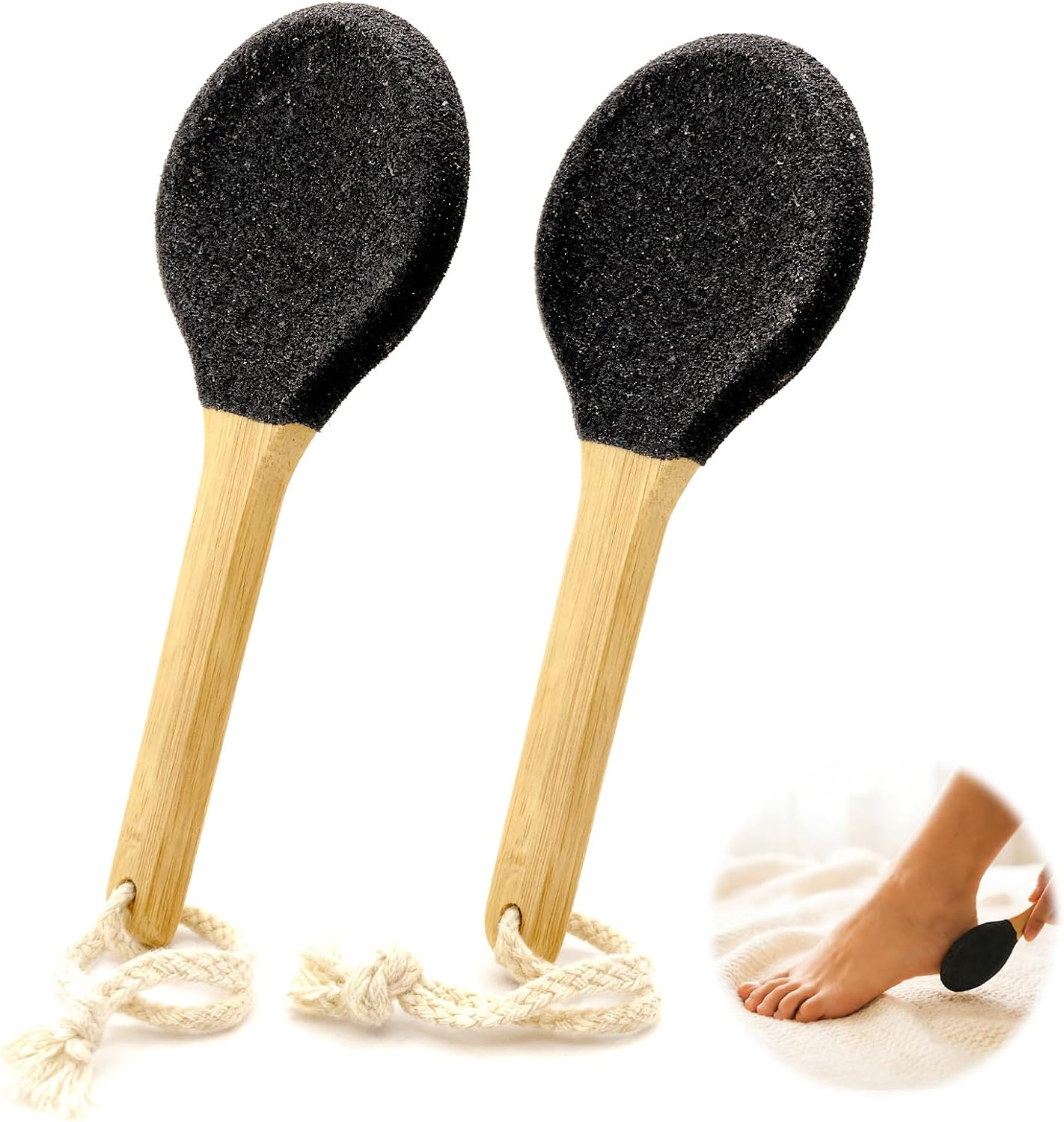 Curved Pumice Stone Foot File 2-Pack with Bamboo Handle | 82mm Contoured Surface for Heels & Toes | Callus Remover for Dry, Cracked Heels & Rough Skin