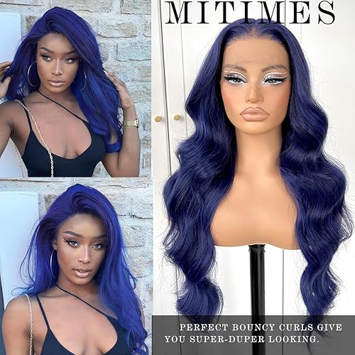 Miniatura 6 de MITIMES Pelucas de color azul oscuro, peluca frontal de encaje azul, previamente despuntada, sin pegamento, peluca de encaje frontal larga ondulada