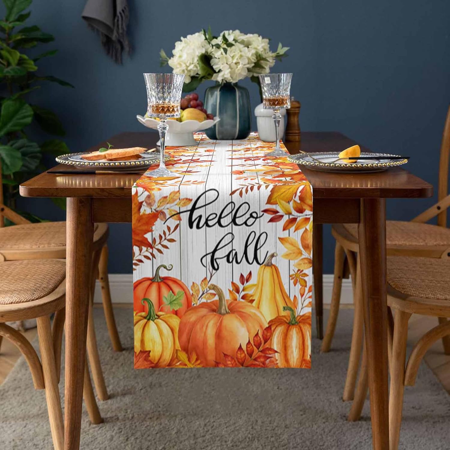 Hello Fall Pumpkin Table Runner Dresser Scarves, Thanksgiving Wood Texture 120 inches Long Dining Table Runner, Autumn Non-Slip Washable Table Setting Decor for Wedding Party Holiday Dinner