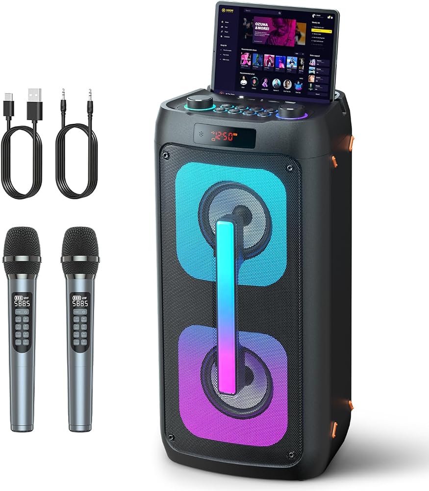 Machine de karaoké avec 2 Microphones, Enceinte Bluetooth Professionnelle | Système PA avec lumières LED et USB/TF/AUX/MIC/TWS, idéal pour les fêtes en famille et comme cadeau pour adultes et enfants