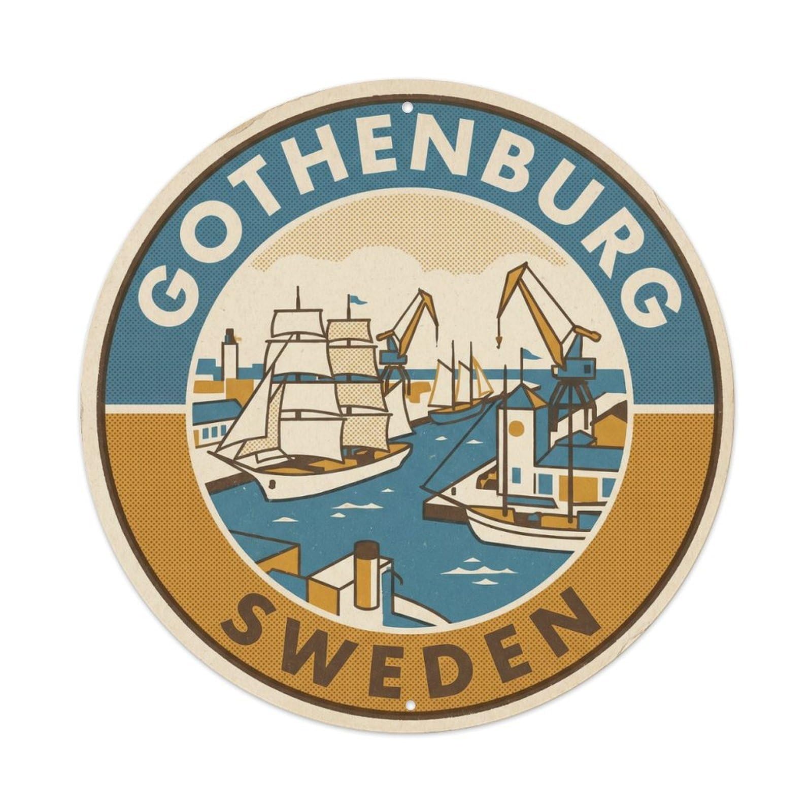 Travel Retro Sweden Gothenburg Round Vintage Metal Tin Sign Plaque Wall Decor for Cafe, Club Bar, Office, Garden Metal Poster 8x8Inch