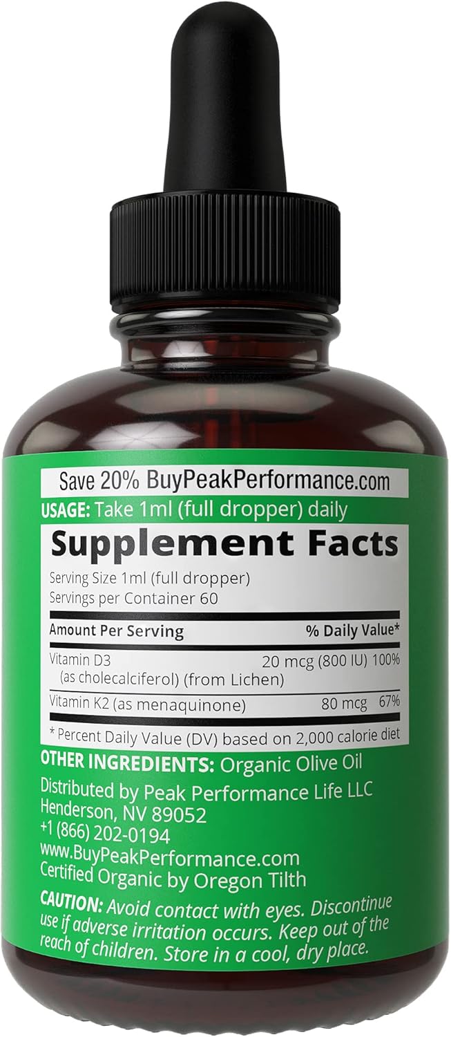 USDA Organic Vegan Liquid Vitamin D3 with K2 Drops by Peak Performance. Best D3 + K2 Mk7 Supplement for Adults, Kids, Men, Women. Gluten Free, Keto, Natural Liquids, Vitamins for Max Absorption. : Health & Household