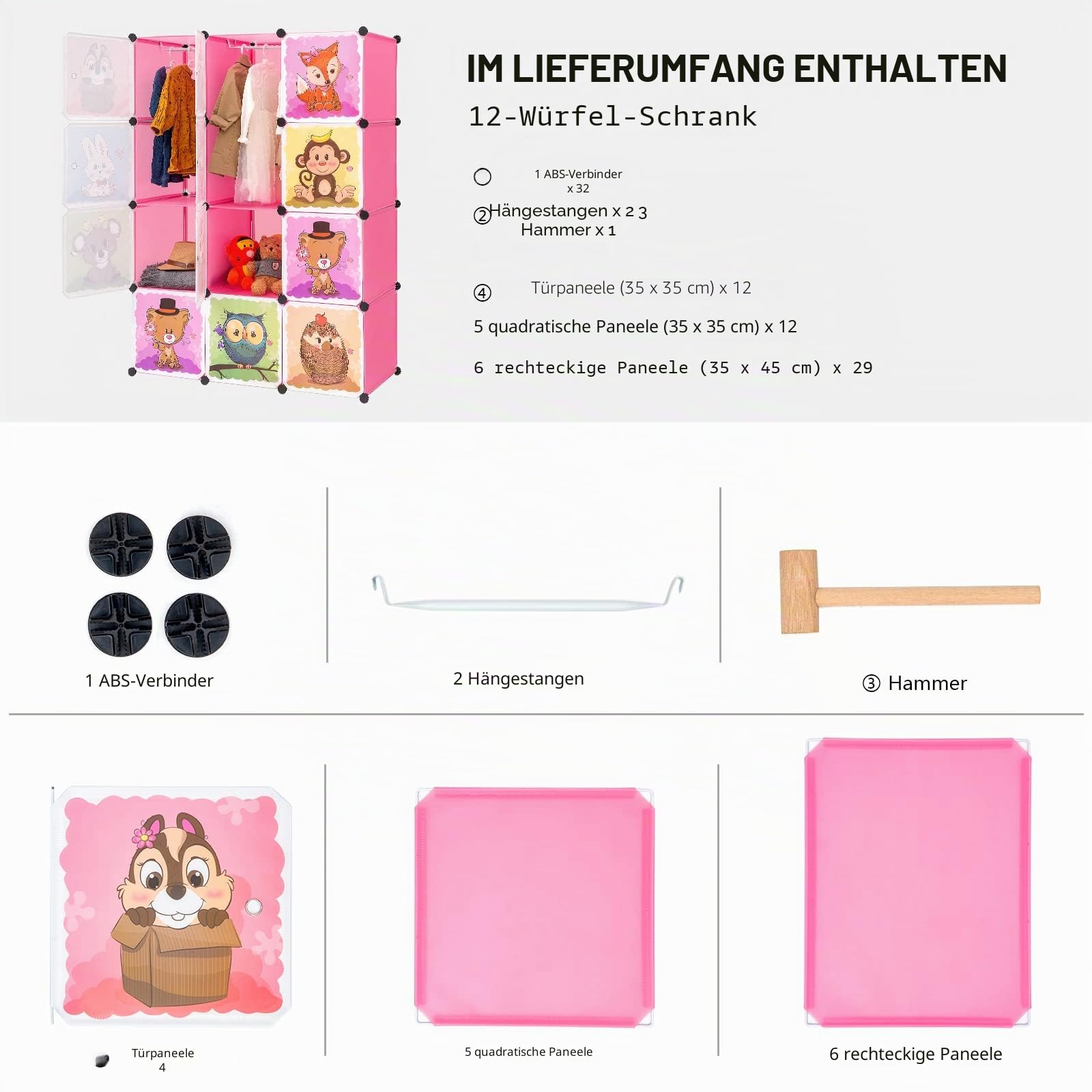 BRIAN & DANY Erweiterbares Kinderregal Kinder Kleiderschrank Stufenregal Bücherregal mit Türen & 2 Aufhängern, Tiefere Fächer als Normal (45 cm vs. 35 cm), 110 x 47 x 147 cm, Rosa