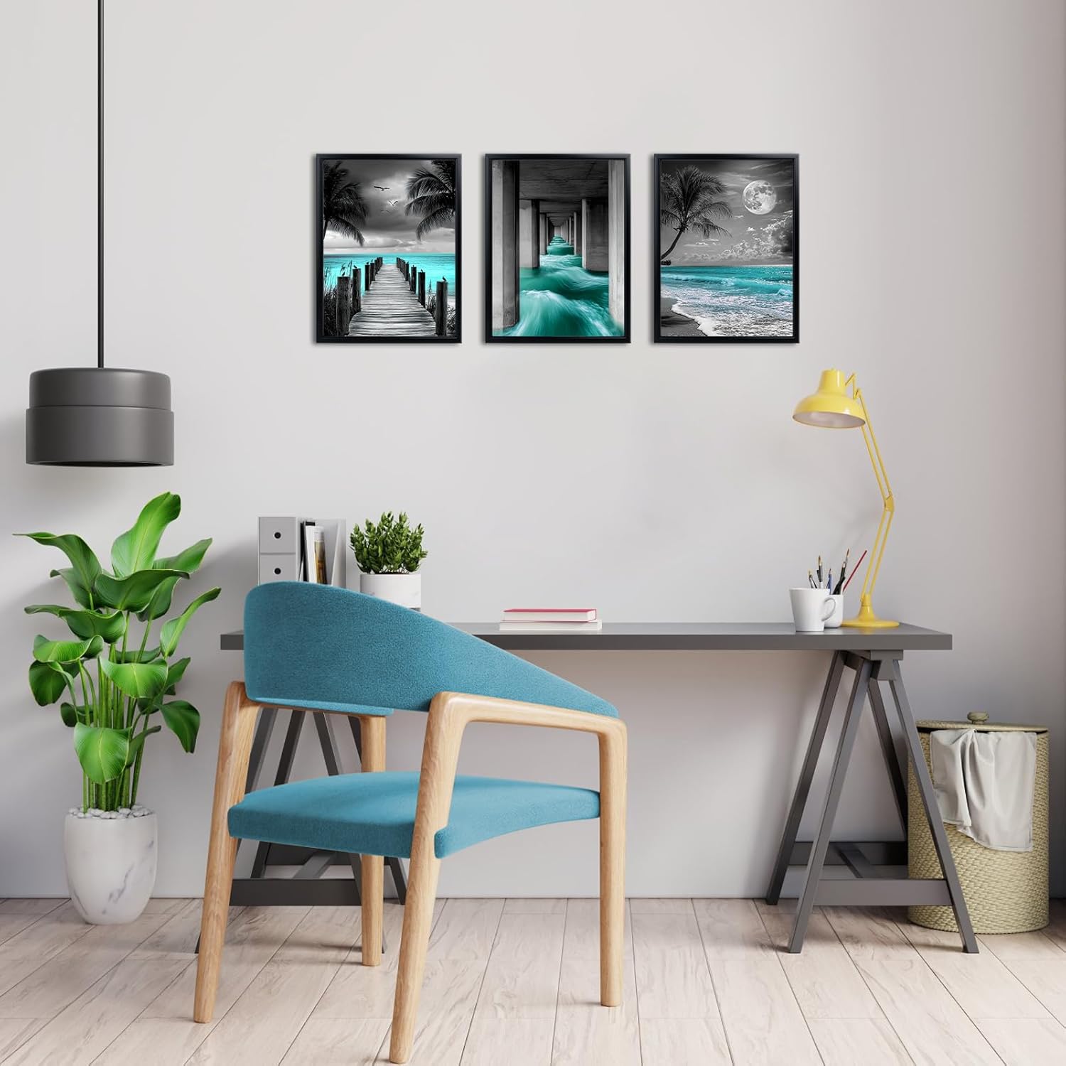 Kalormore Framed Black Teal Beach Canvas Wall Art Black and White Hawaii Beach Pictures Tropical Palm Tree Artwork Easy to Hang - Image 2