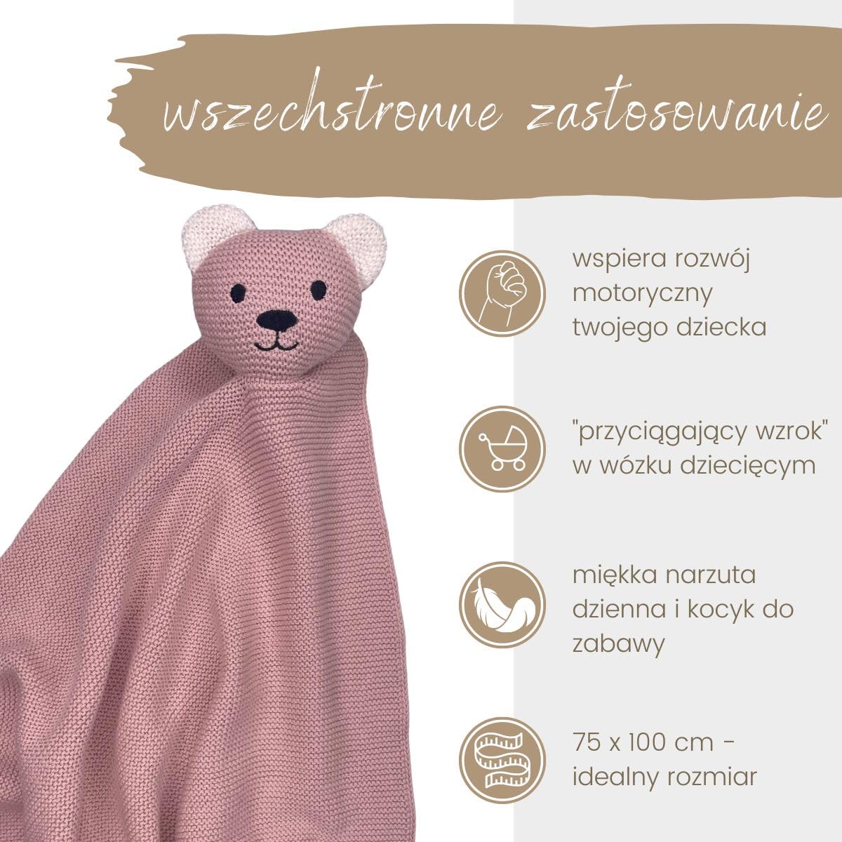DIKOS Oryginalny kocyk niemowlęcy SCHMUSE-miś (brudny róż) – Premium 2 w 1 dla noworodka przytulny koc i chusta do przytulania – z miękkiej dzianiny ekologicznej (GOTS/Oeko-Tex) – prezent z okazji