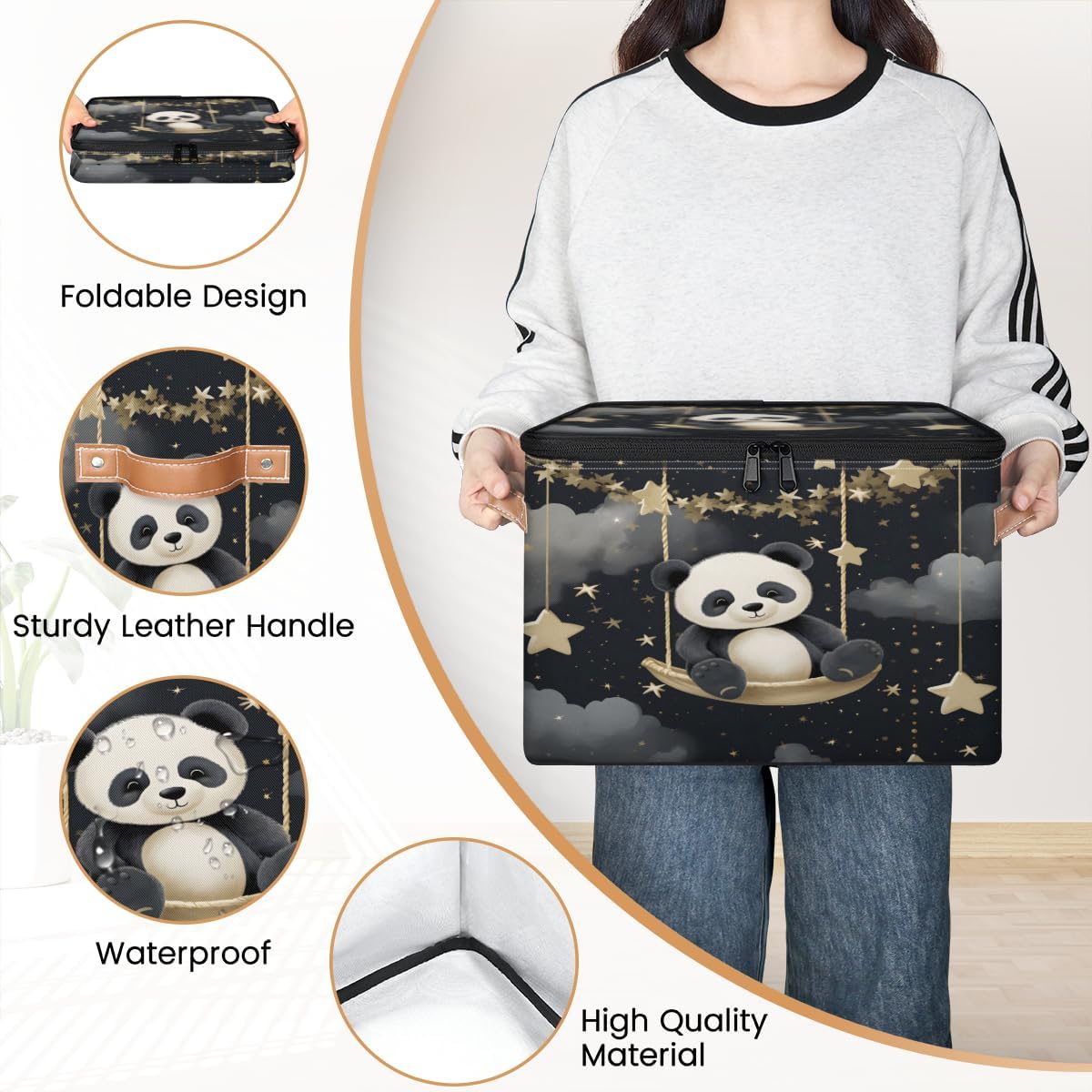 Storage Bin Set of 2 Cute Panda Storage Basket with Zipper Lid & Handle Foldable Closet Shelf 2 Pack Cloth Organizer Basket Cube Bins Clothes Organizer for Bedroom, Nursery
