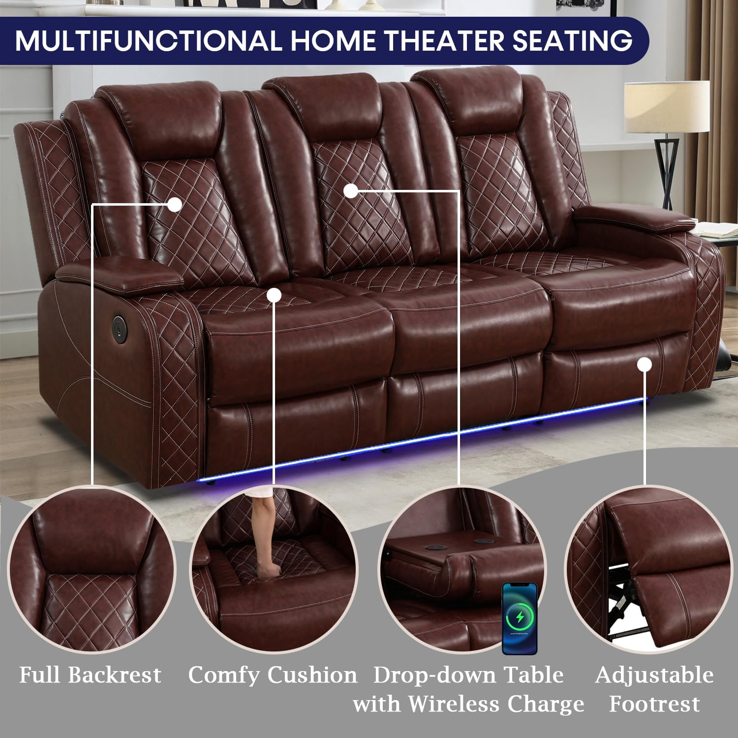 Power Recliner Sofa Set with LED Lights,Leather Reclining Sofa and Loveseat Set with USB Port/Cup Holder,Living Room Furniture for House/Home Theater(2 Piece Set,Wine Red)