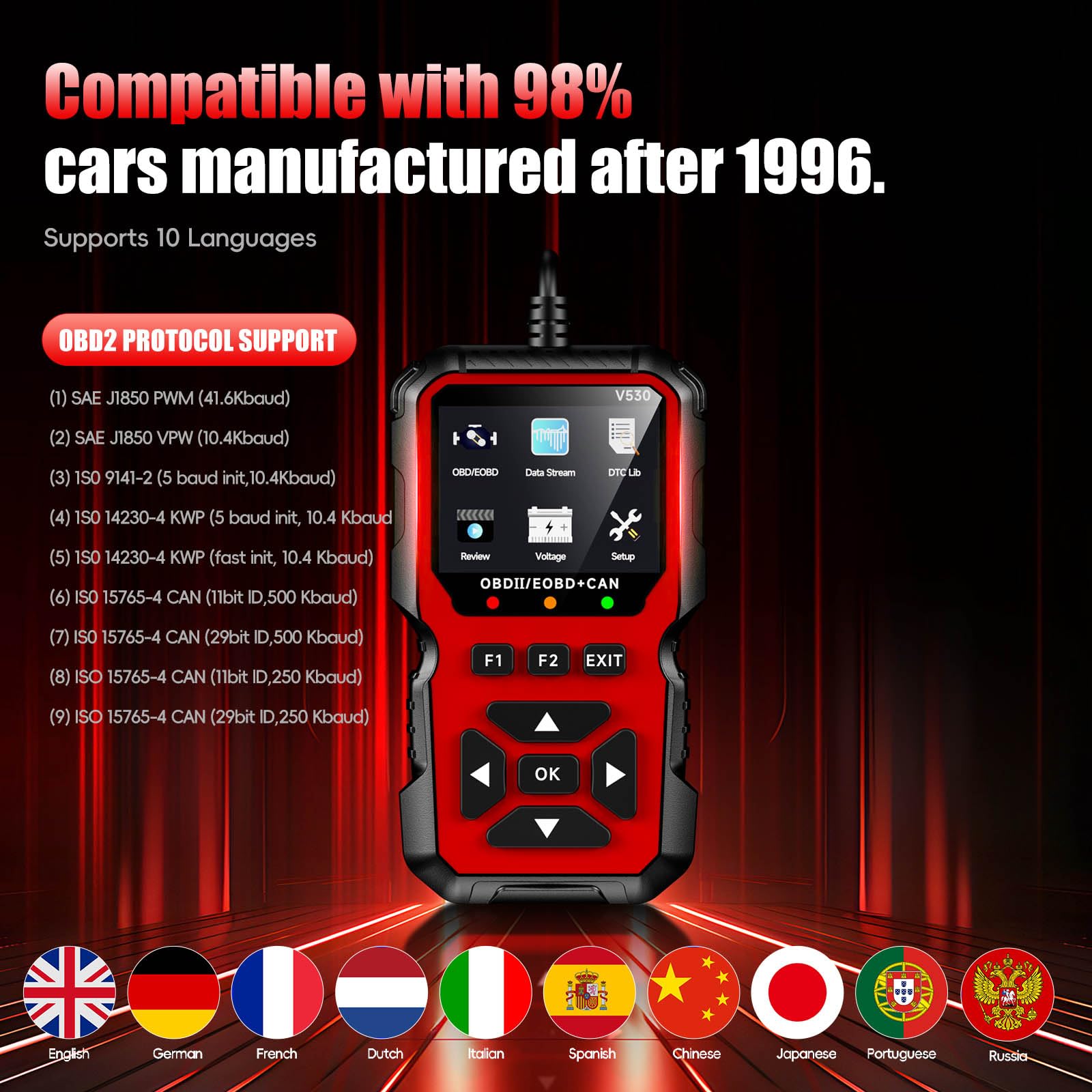 OBD2 Diagnosis Coche Multimarca,OBD Scanner,Maquina de Diagnosis para Coche Apoya Español,Lector de Código para Coche,Compatible BMW Mercedes Audi Vehículos OBDII (Rojo)