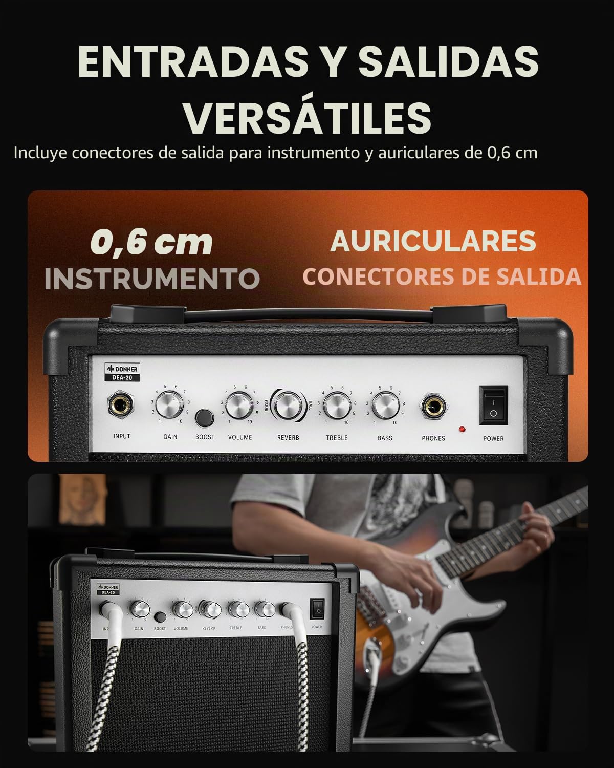 Donner Amplificador de Guitarra Eléctrica 20W, DEA-20 con Efectos de Reverberación, Amplificador de Práctica con Interruptor Clean & Overdrive Conveniente y Portátil