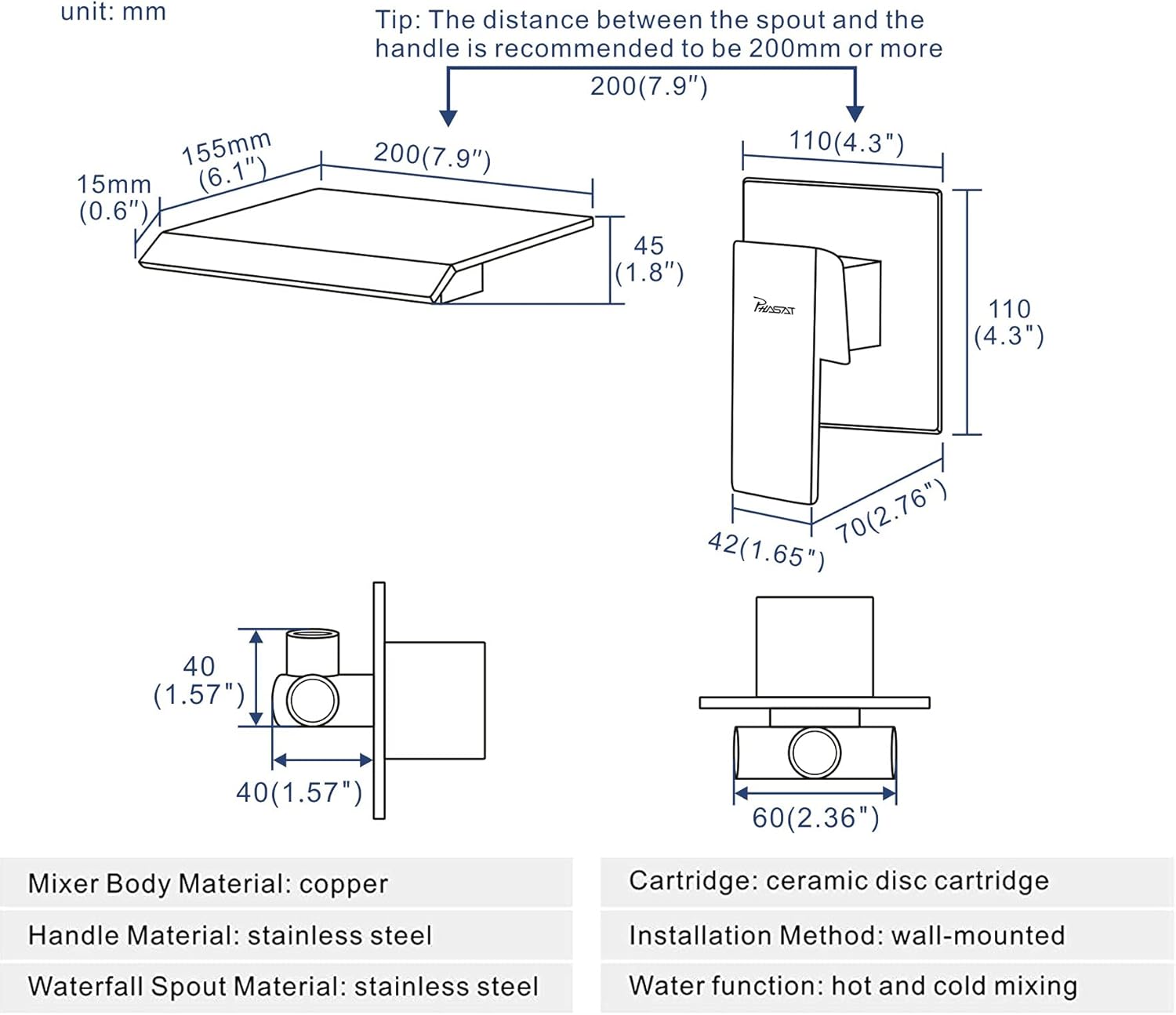 PHASAT Wall Mounted Waterfall Tub Faucet,Brass Waterfall Bathtub Faucet Tub Spout for Bathroom,High Flow Wall Mount Tub Filler Matte Black PTBB02E